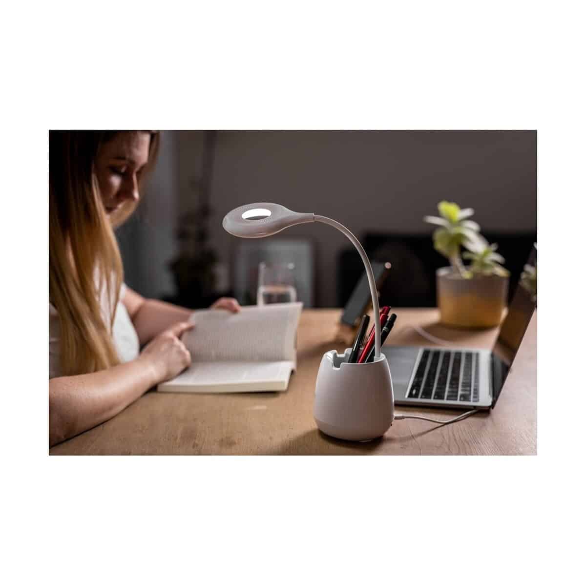 Lampki na biurko z logo – lampka na biurko, głośnik bezprzewodowy 3w, stojak na telefon, pojemnik na przybory do pisania | asar V0188_B Lampka biurkowa z USB, nowoczesny gadżet do biura i domu.