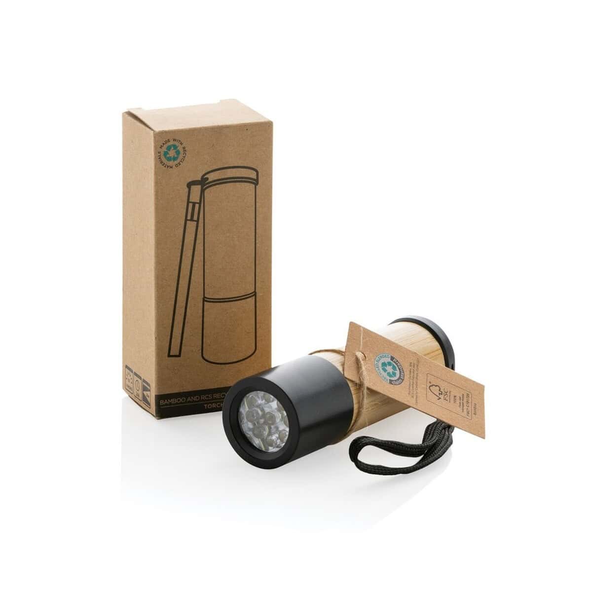 Latarki z logo – latarka P513.379__P_500 Latarka ekologiczna bambusowa, z certyfikatem FSC, idealna na prezent lub do użytku codziennego.