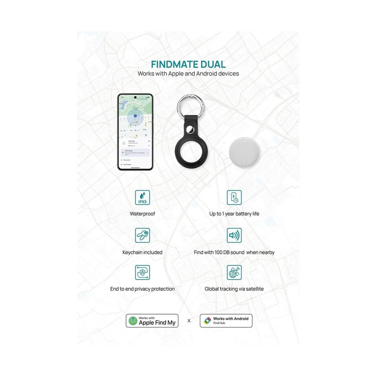 Lokalizatory kluczy z logo – bezprzewodowy wykrywacz kluczy, lokalizator findmate dual P301.6203__M_401 1. Zamek lokalizacyjny Findmate Dual, wodoodporny, do urządzeń Apple i Android.