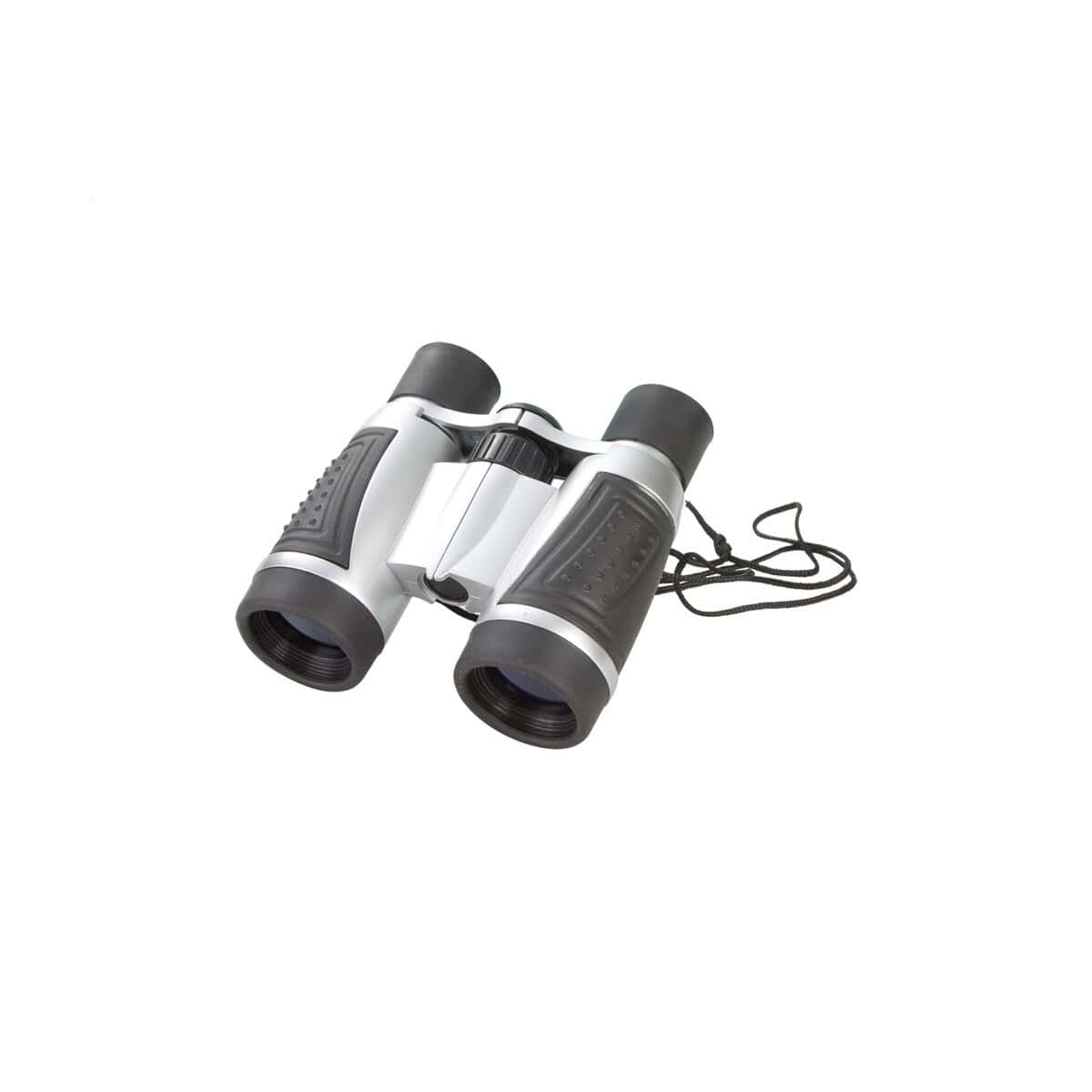 Lornetka turystyczna z czarnym paskiem i ergonomicznymi gumowymi pokryciami.