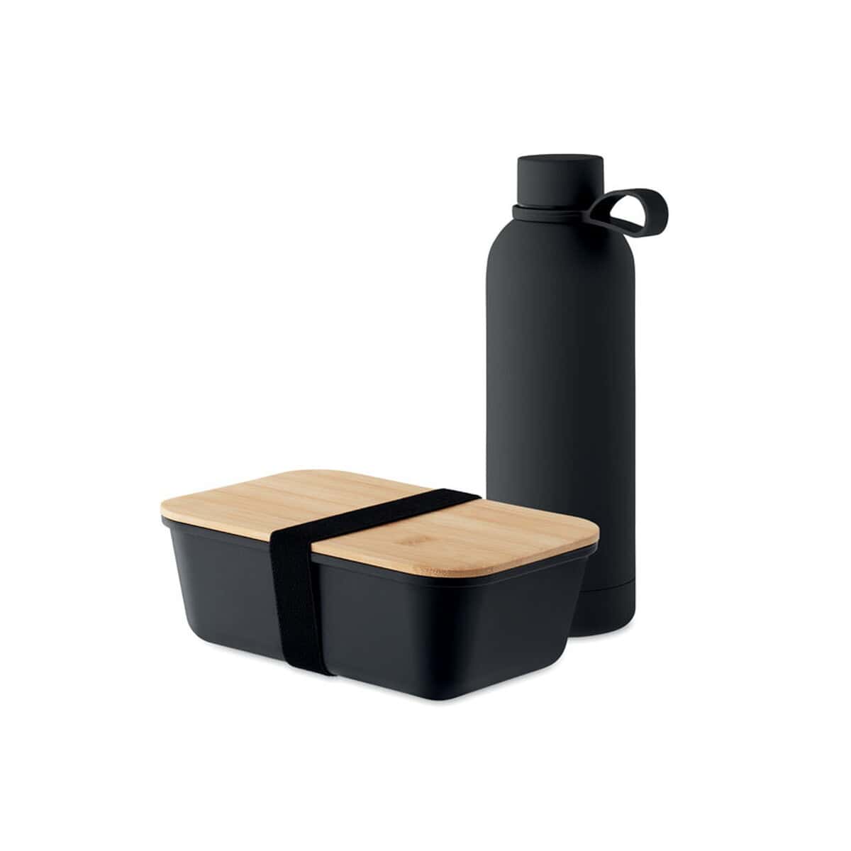 Czarna termoszka i lunchbox z bambusową pokrywką, gadżety promocyjne, etui na lunch i napoje, personalizowane na zamówienie.