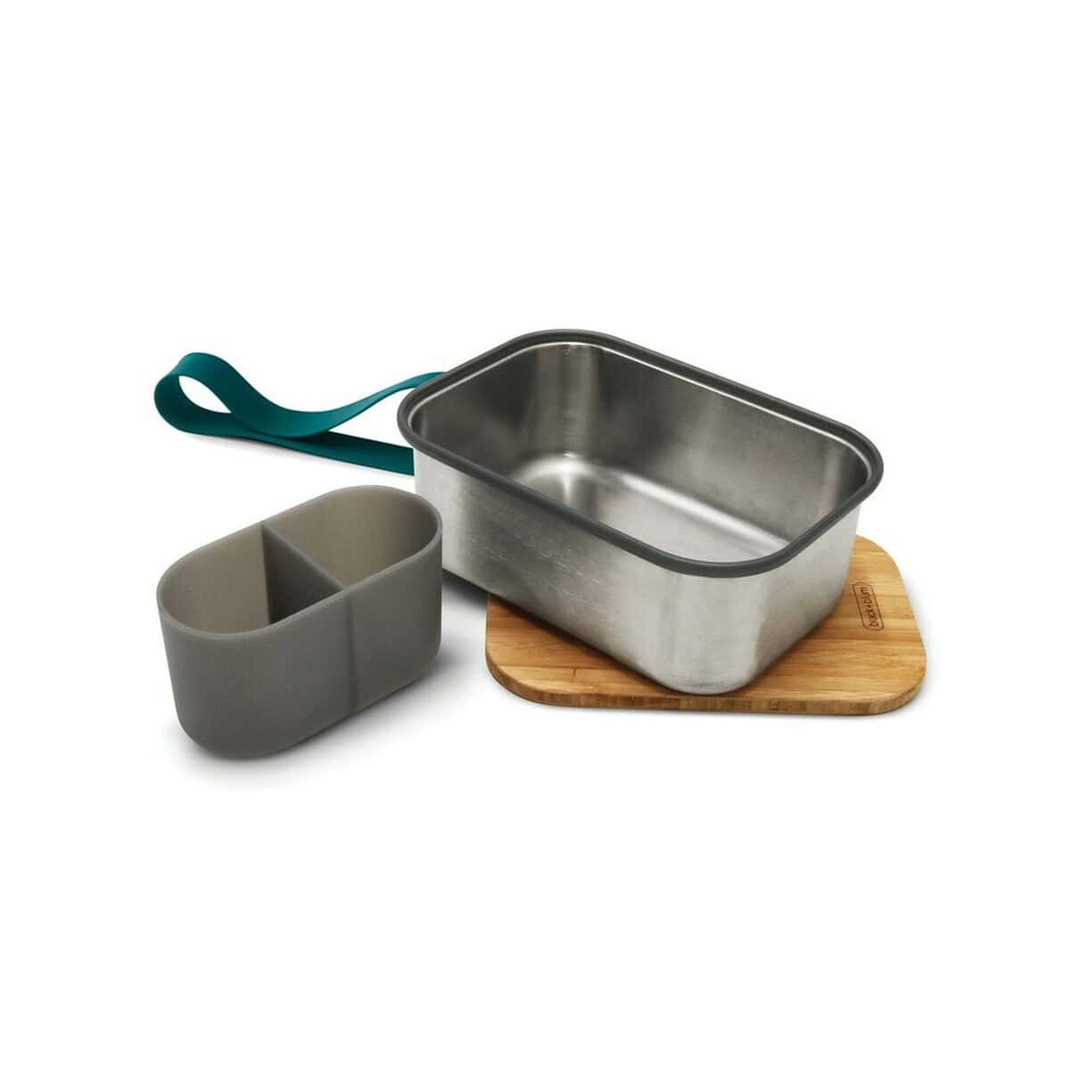 Lunchboxy z logo – duże pudełko śniadaniowe ze stali nierdzewnej black+blum P439.0133__B_2 Przedmiot na stronie gadzety.pl, stalowy lunchbox i silikonowa przekąskowa miseczka. Idealne gadżety na lunch i przekąski.