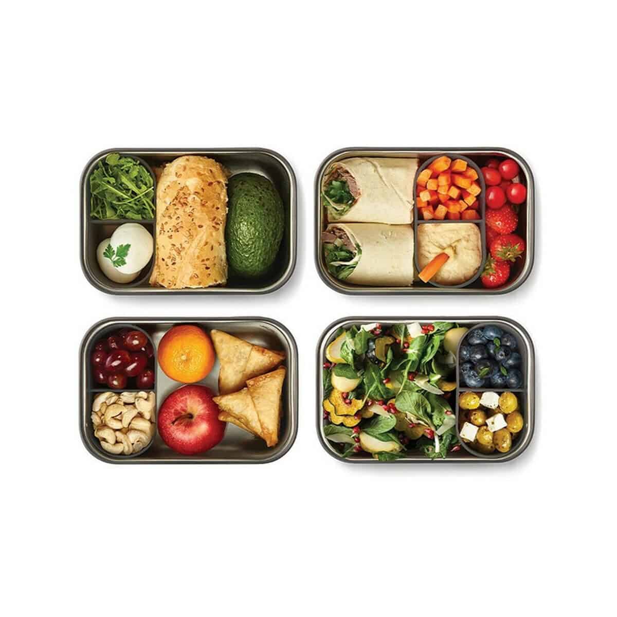 Lunchboxy z logo – duże pudełko śniadaniowe ze stali nierdzewnej black+blum P439.0133__M_401 Kompaktowe pojemniki na lunch z warzywami, owocami i kanapkami – idealne gadżety na zdrowy posiłek.