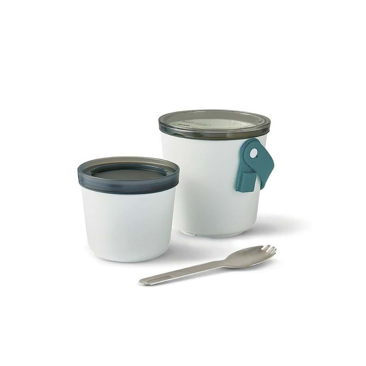 Lunchboxy z logo – lunchbox, miska śniadaniowa black+blum P439.0333__B_2 Stojak na jedzenie z pokrywami, kubki i łyżeczka, idealne na lunch na wynos z grawerką.