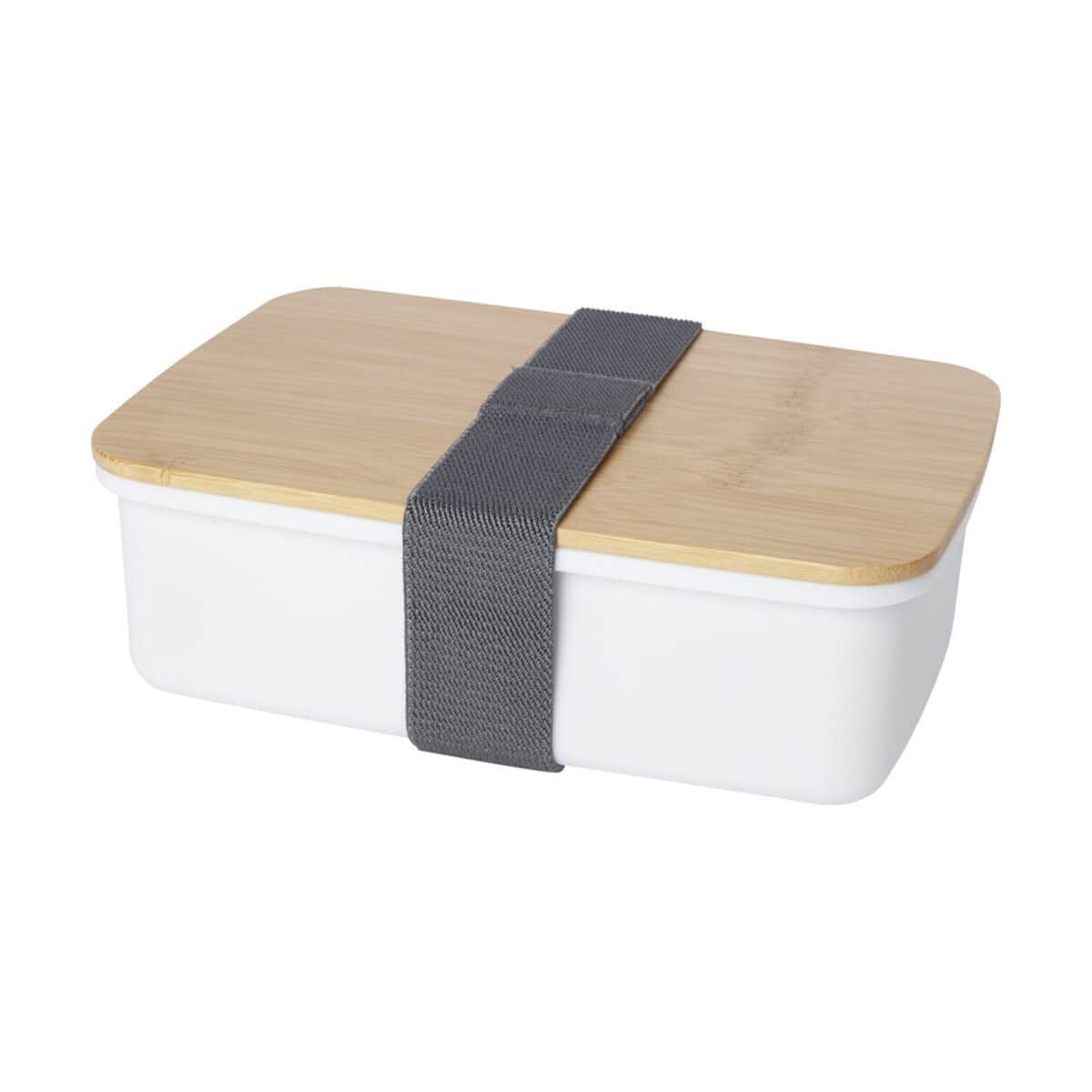 Logo do lunchboxa, biały pojemnik z drewnianym wiekiem i szarym paskiem, idealny gadżet do przechowywania jedzenia.