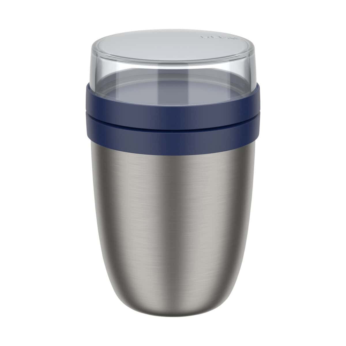 Lunchboxy z logo – mepal ellipse izolowany pojemnik na lunch 2.0 11318352 Stalowy kubek termiczny z niebieską obręczą i transparentnym zamknięciem.