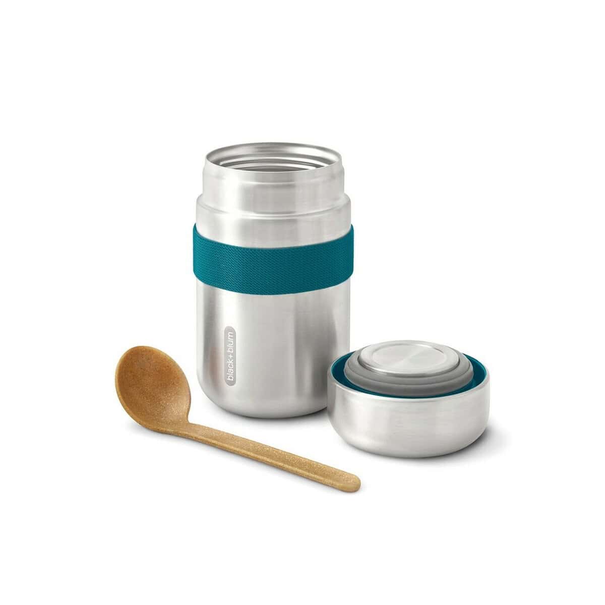 Lunchboxy z logo – próżniowy pojemnik na żywność 400 ml z łyżką black+blum P439.0533__B_2 1. Termos podróżny stalowy z uchwytem, zestaw kubek i łyżka do kawy, gadżety.