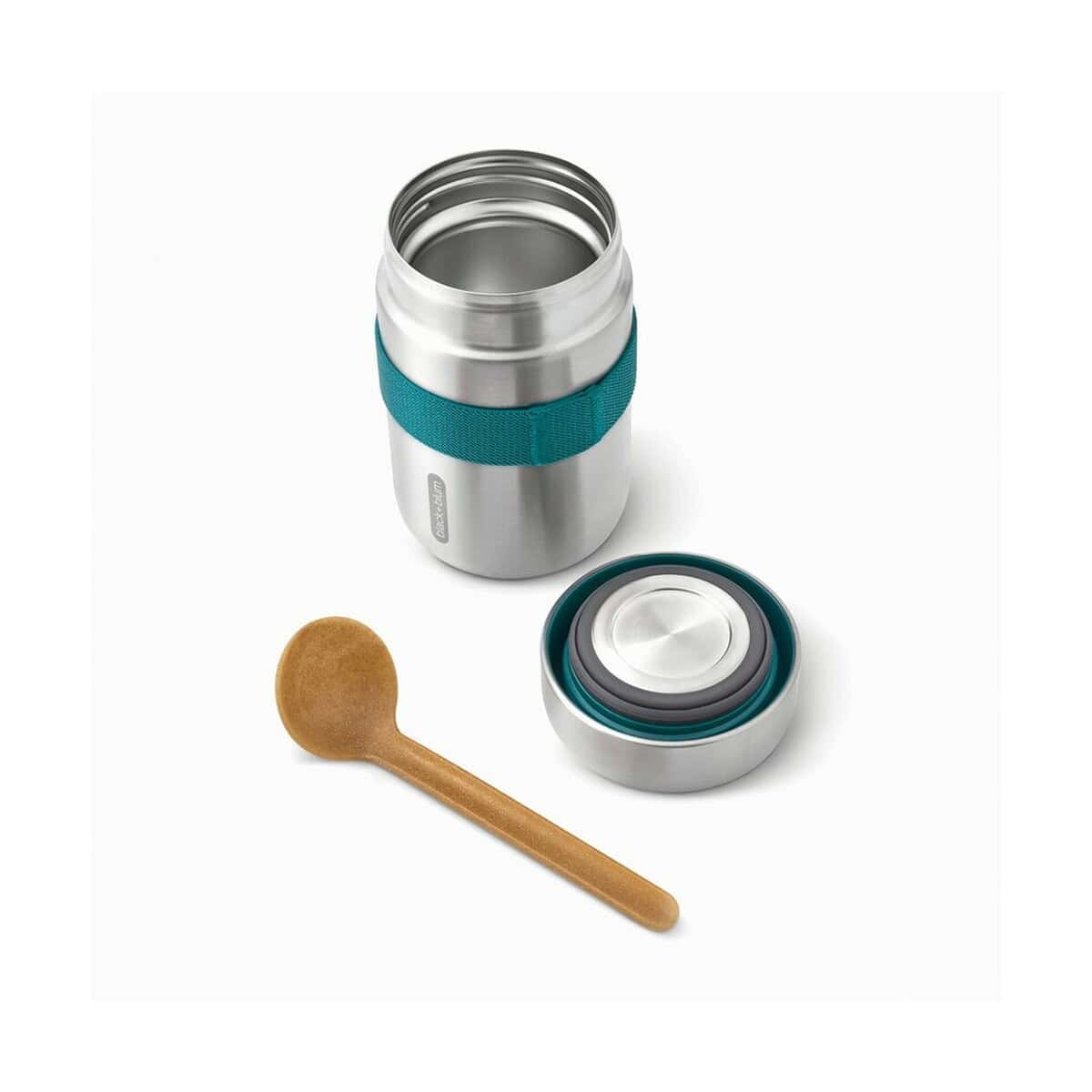 Lunchboxy z logo – próżniowy pojemnik na żywność 400 ml z łyżką black+blum P439.0533__B_3 1. Termos stalowy z podstawką i łyżeczką, idealny do kawy i herbaty.