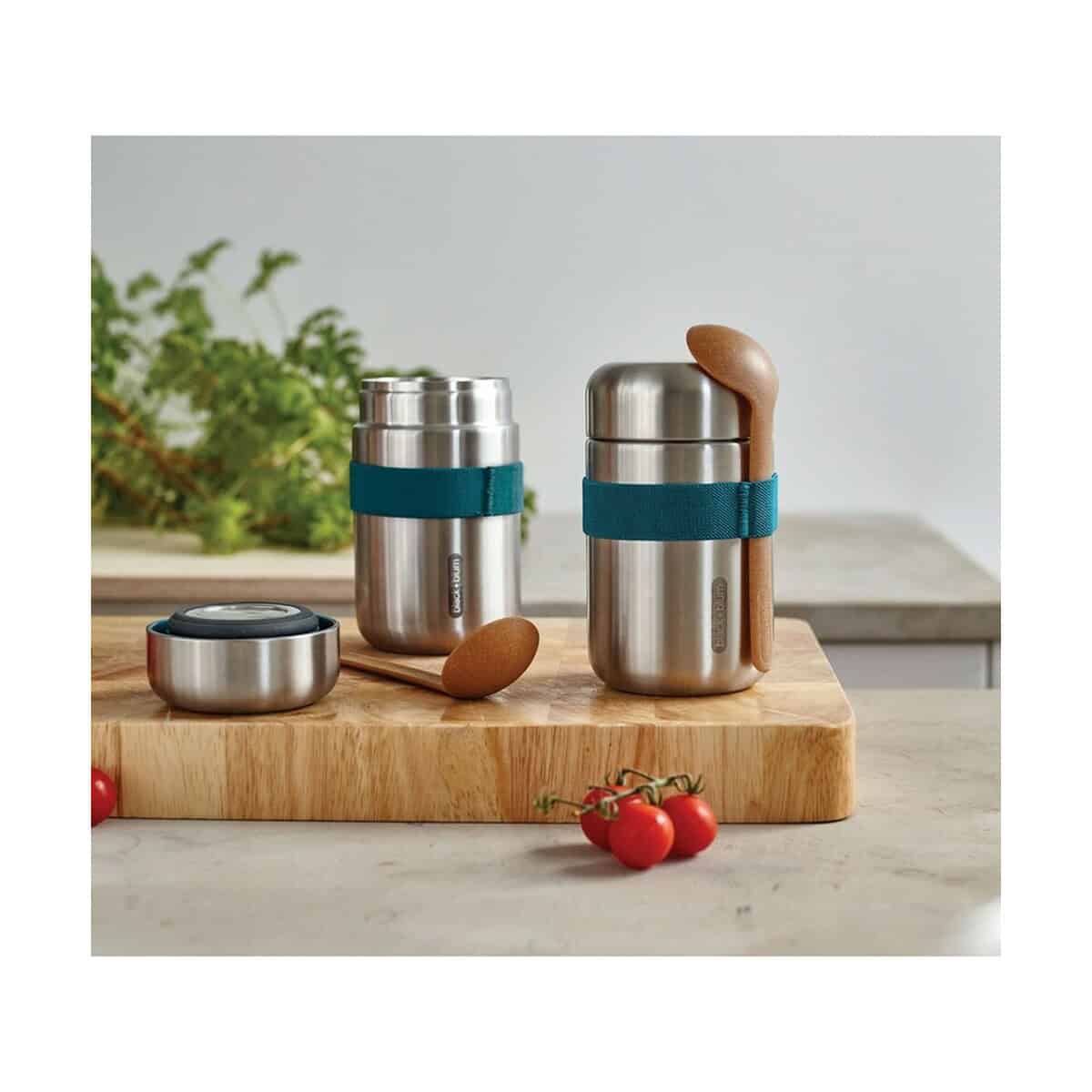 Lunchboxy z logo – próżniowy pojemnik na żywność 400 ml z łyżką black+blum P439.0533__M_401 Stainless steel lunch box z siatką do przechowywania jedzenia, idealny gadżet na lunch.