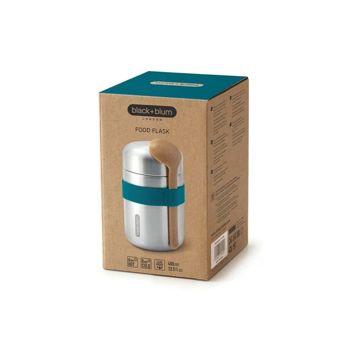Lunchboxy z logo – próżniowy pojemnik na żywność 400 ml z łyżką black+blum P439.0533__P_500 Praktyczna termoska na jedzenie Black+Blum London, idealna na lunch w podróży.
