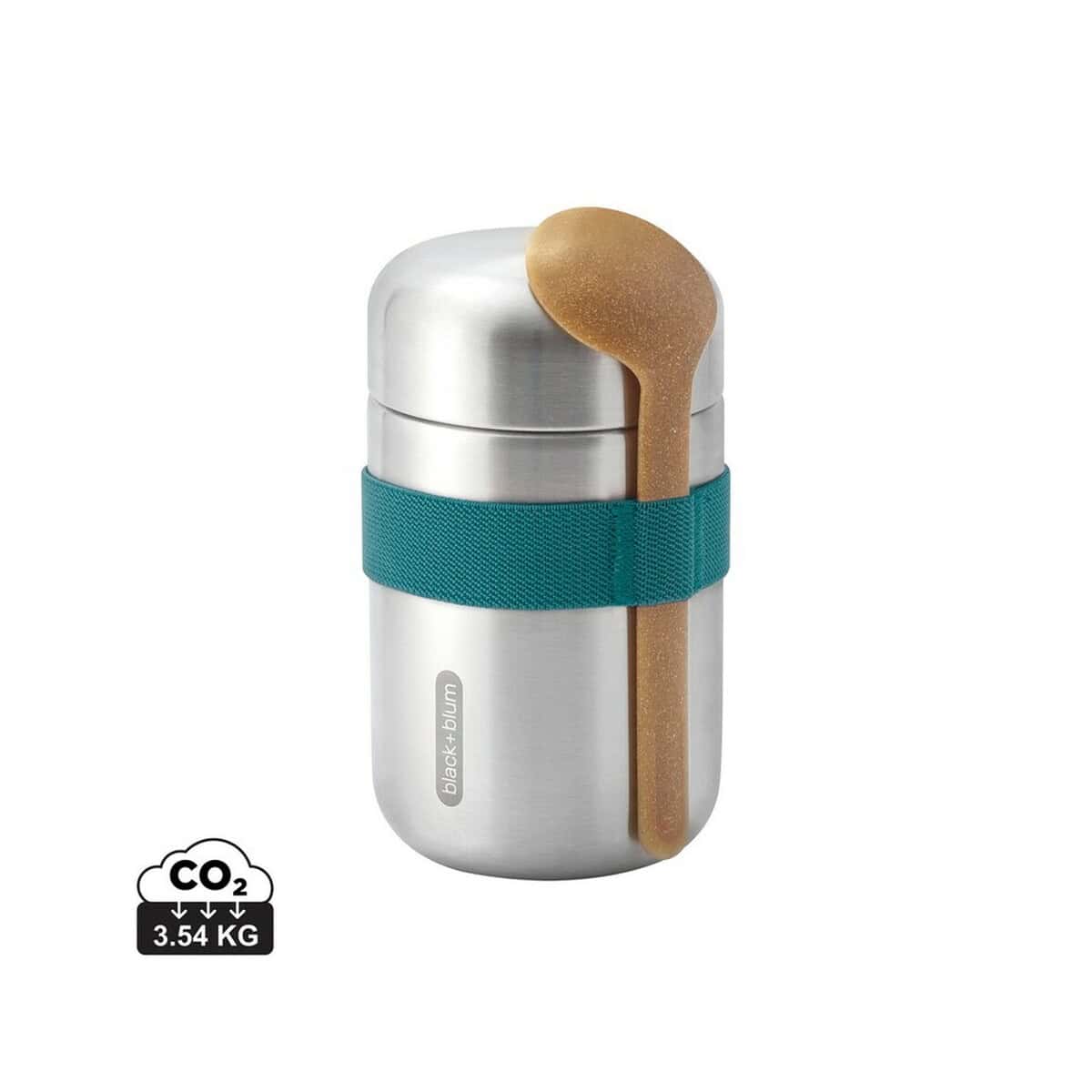 Lunchboxy z logo – próżniowy pojemnik na żywność 400 ml z łyżką black+blum P439.0533__S_0 1. Przenośna lunchbox z termosem i łyżką, stal nierdzewna, idealna na posiłki na wynos.