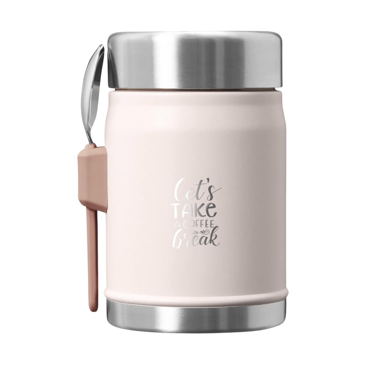 Lunchboxy z logo – słoik na żywność stanley legendary z łyżko-widelcem, o pojemności 400 ml 10088141_b1_eg_y1 Przenośny termoizolator na kawę z łyżką, różowy, z napisami