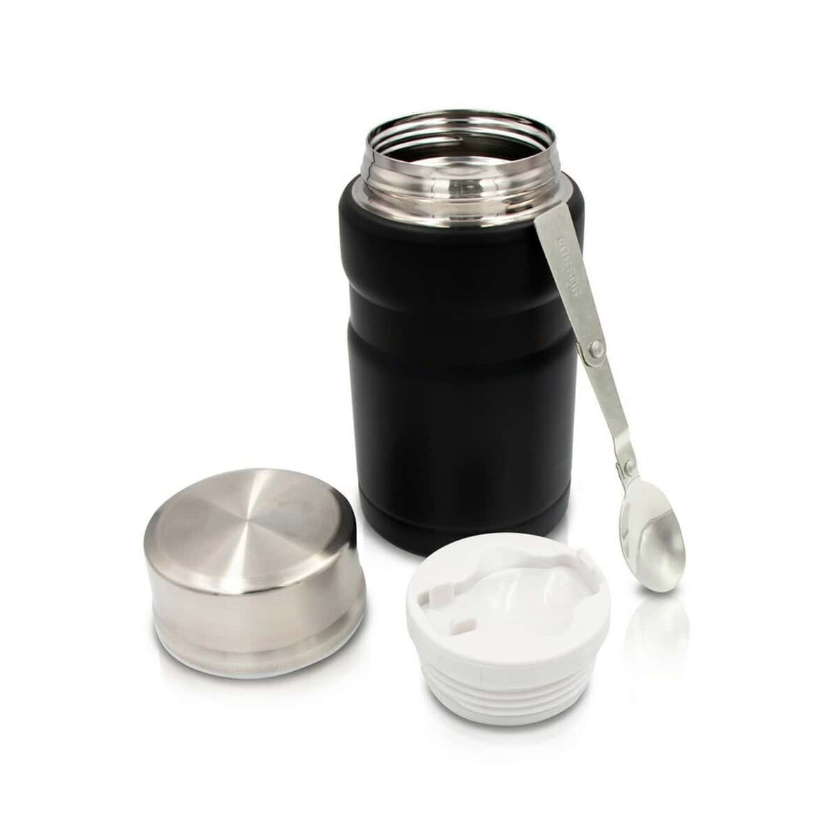Lunchboxy z logo – termiczny pojemnik na żywność 650 ml air gifts, składana łyżka | jonathan V9962-03_AAA02 Butelka termiczna z czarnym tworzywem i srebrnym nakrętką, idealna na napoje na wynos.