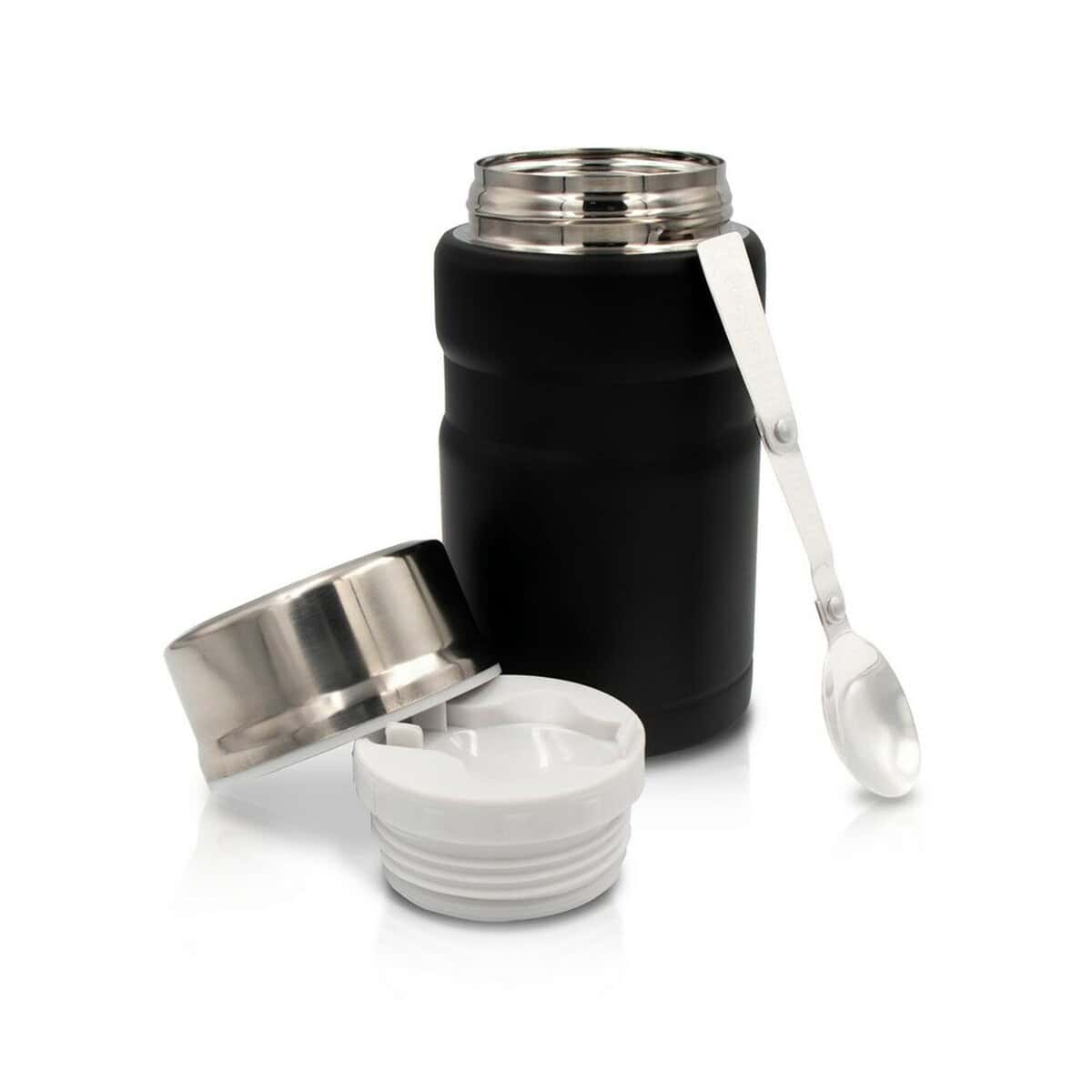 Lunchboxy z logo – termiczny pojemnik na żywność 650 ml air gifts, składana łyżka | jonathan V9962-03_AAA03 Przedmiot termiczny z czarną nakrętką i łyżeczką, idealny na podróże i biuro.