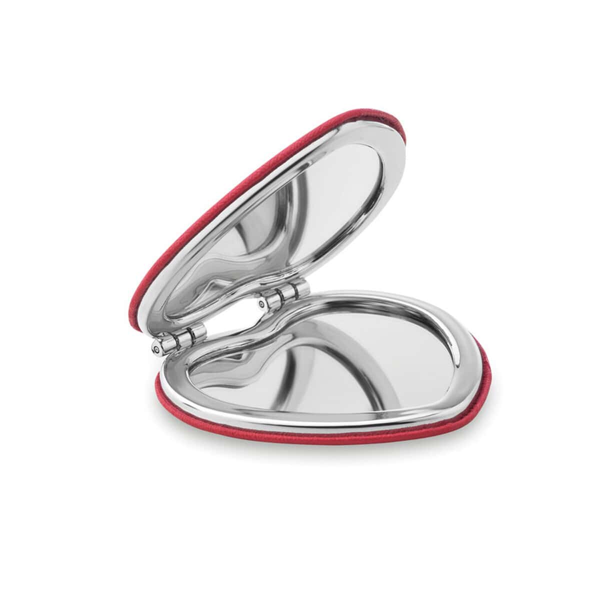 Lusterka z logo – lusterko w kształcie serca glow heart mo8980-05 Styczne opakowanie na biżuterię, metalowe lustro w kształcie serca z czerwonym obramowaniem.