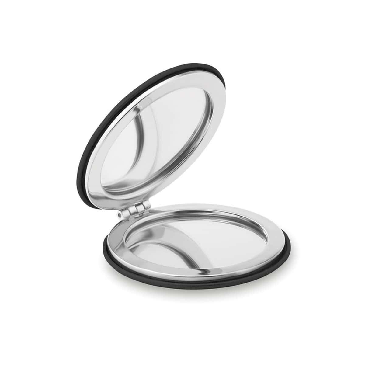 Lusterka z logo – okrągłe lusterko z pu glow round mo9008-03 Wyposażenie do gadżetów reklamowych, okrągłe lustro kieszonkowe z czarną gumową krawędzią.