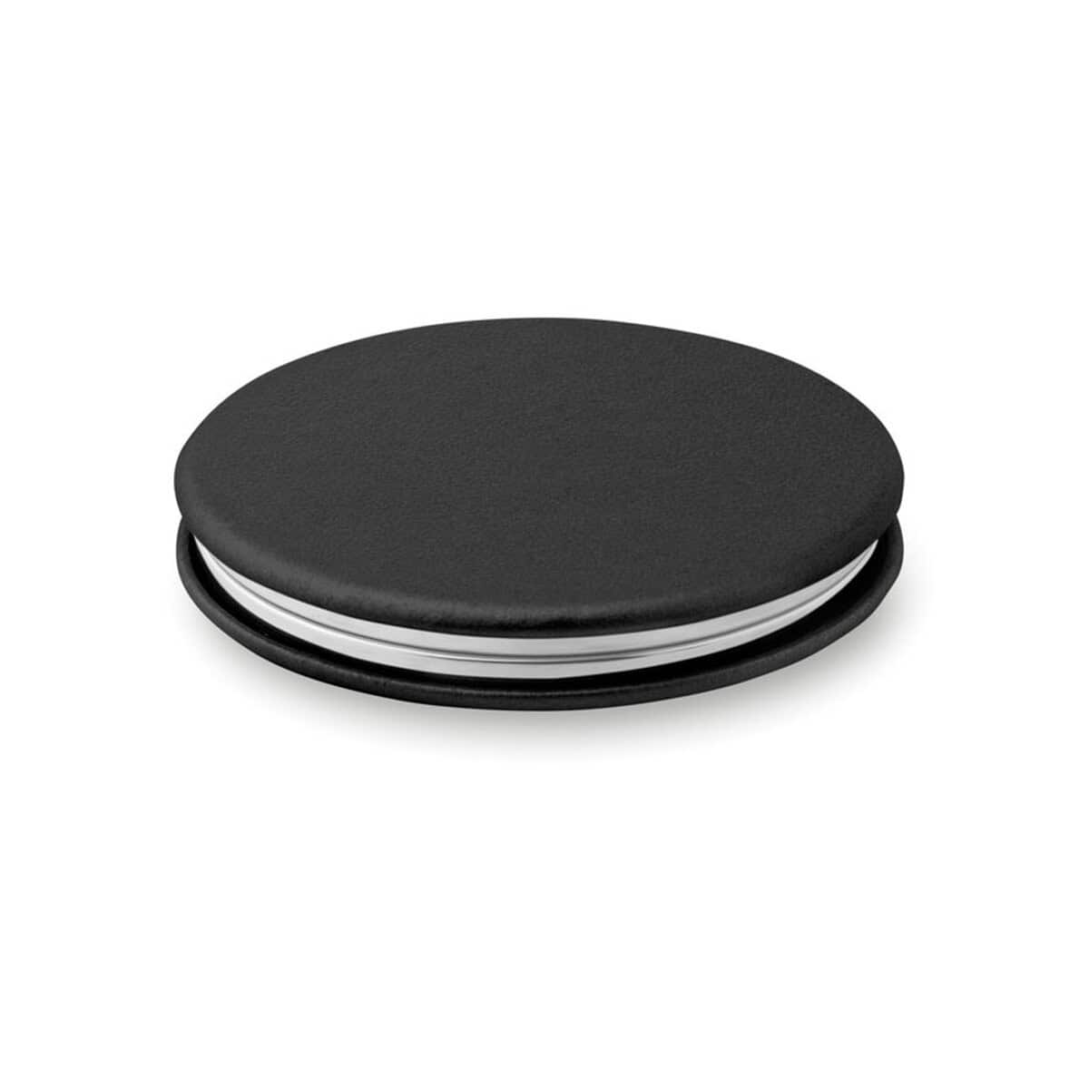 Lusterka z logo – okrągłe lusterko z pu glow round mo9008-03a Przenośny głośnik Bluetooth czarny, estetyczny, kieszonkowy, dla fanów muzyki, gadżet reklamowy.