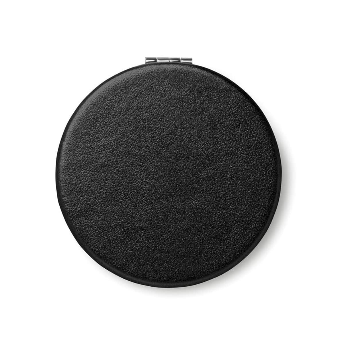 Lusterka z logo – okrągłe lusterko z pu glow round mo9008-03b Gadżet, czarny grawerowany brelok, personalizacja na upominki firmowe i promocyjne.