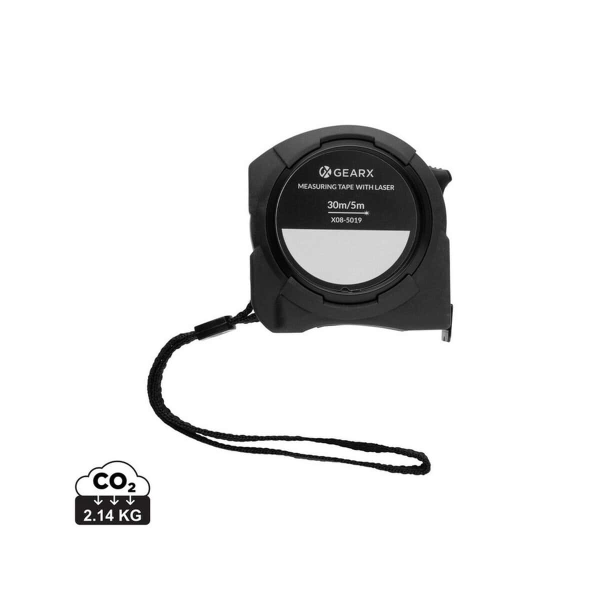 Miarki z logo – miara 5m, dalmierz laserowy 30m gear x P113.211_S_0 1. Miara taśmy z laserem do pomiaru długości, 30m, czarna, gadżet biurowy.