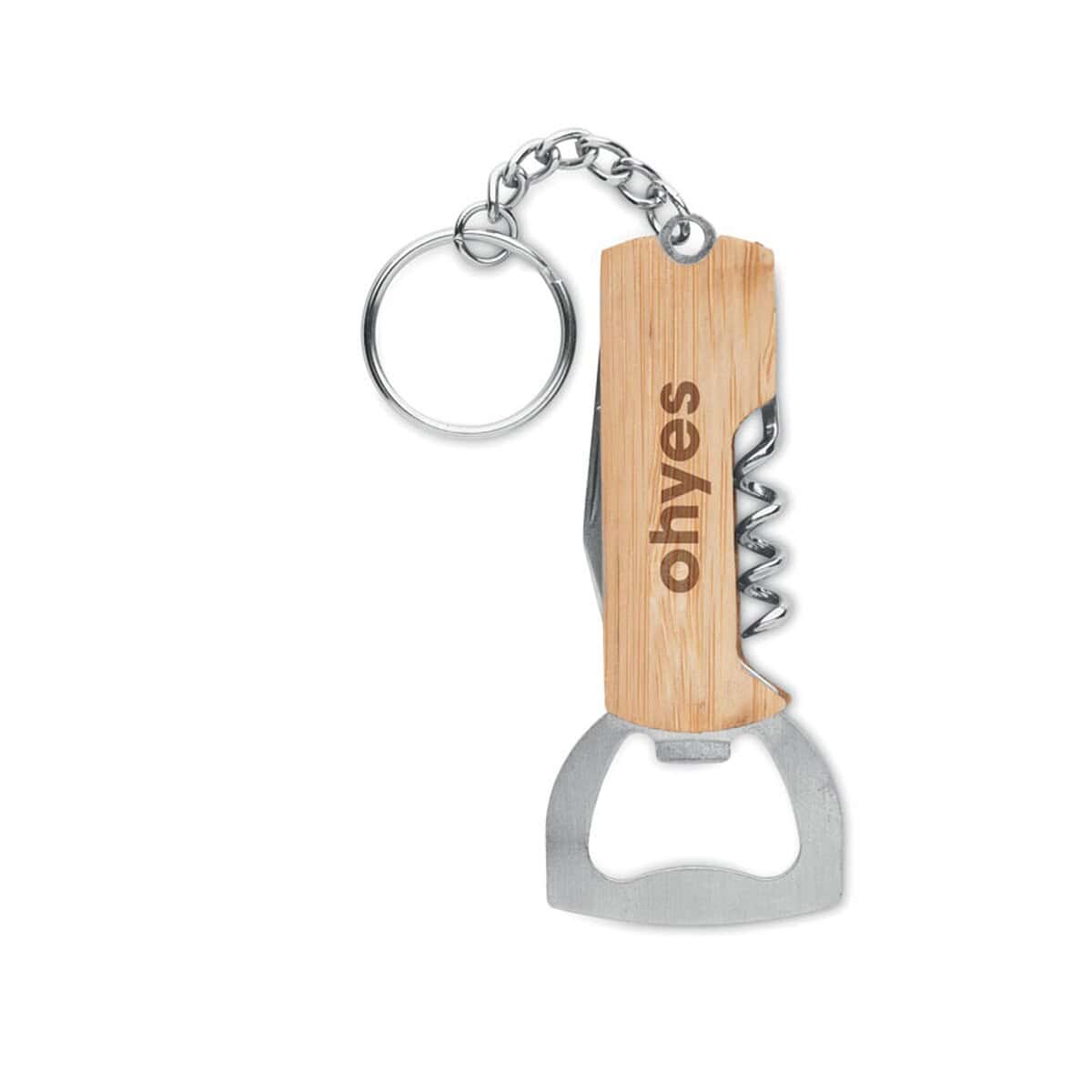 Narzędzia wielofunkcyjne z logo – bambusowe narzędzie 3 w 1 allin1 mo2212-40-print Metalowy brelok z motywem otwieracza i drewnianą wstawką z napisem