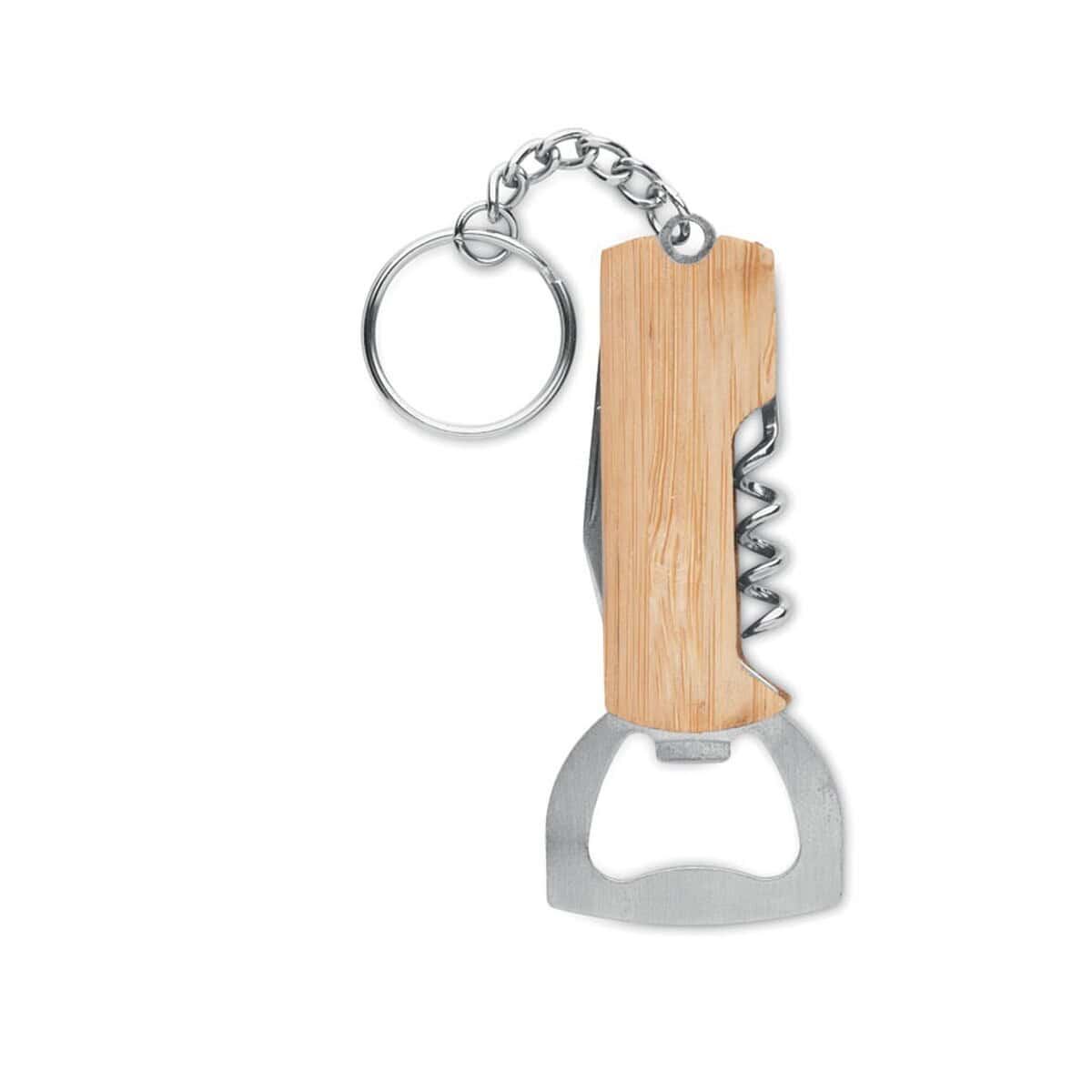 Narzędzia wielofunkcyjne z logo – bambusowe narzędzie 3 w 1 allin1 mo2212-40 Metalowy brelok do reklamowych gadżetów z otwieraczem i korkociągiem, prezentacja prezentów firmowych.