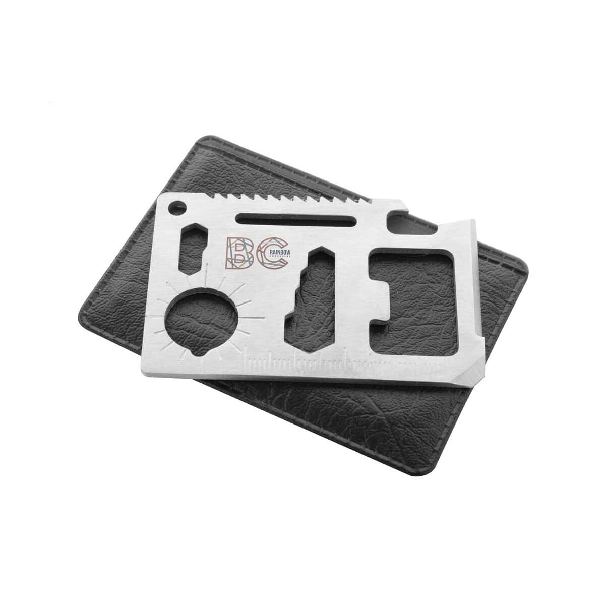 Narzędzia wielofunkcyjne z logo – gyver multi tool AP809547-21__BC1 Metalowa karta wielofunkcyjna do portfela, grawerowana z logo Rainbow.