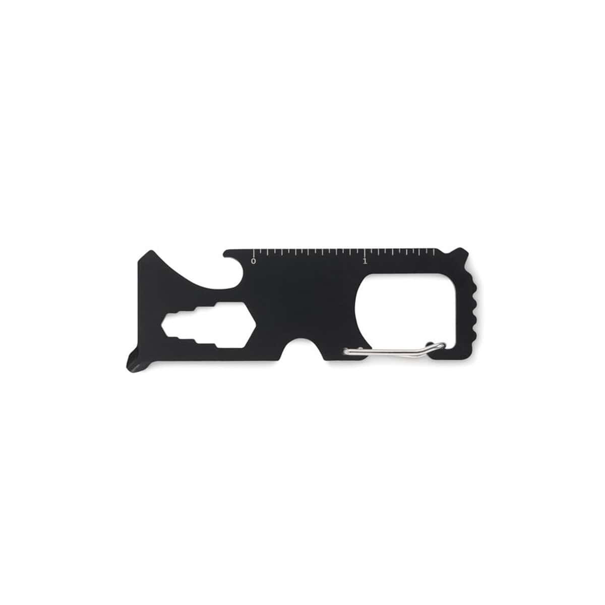 Narzędzia wielofunkcyjne z logo – kieszonkowa karta multi-tool vetool mo2207-03-open Mała karabińczykowa linijka wielofunkcyjna z metalowym klipsem, idealna jako gadżet promocyjny.