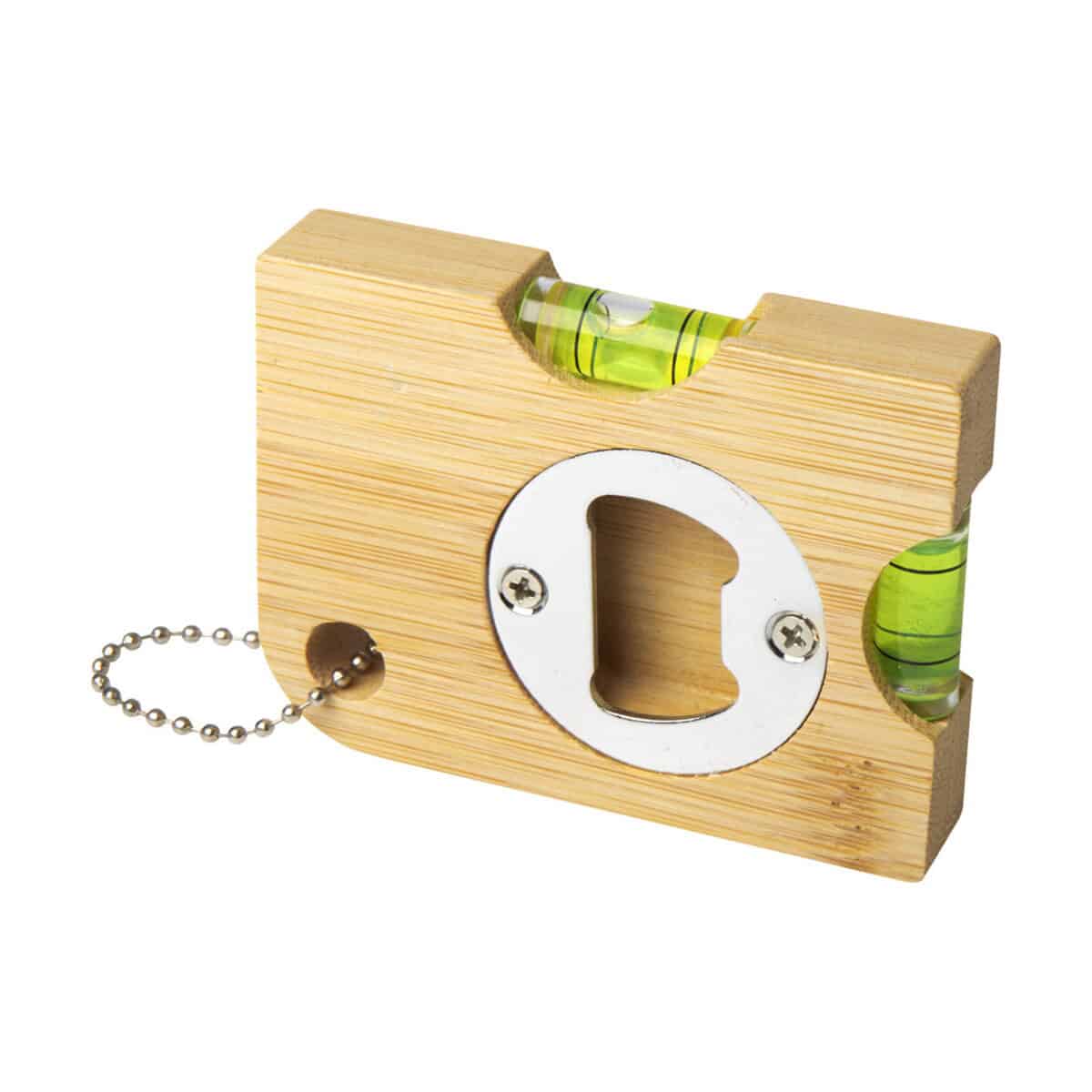 Narzędzia wielofunkcyjne z logo – levo bambusowy otwieracz do butelek z poziomicą 11338006 Drewniany poziomica z otworem na klucz i korkiem na piłkę do gier zręcznościowych.
