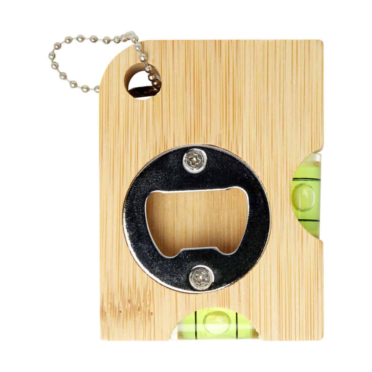 Narzędzia wielofunkcyjne z logo – levo bambusowy otwieracz do butelek z poziomicą 11338006_b1 Kratka do otwierania butelek na desce z bambusa z poziomnicą i bransoletką szklaną.