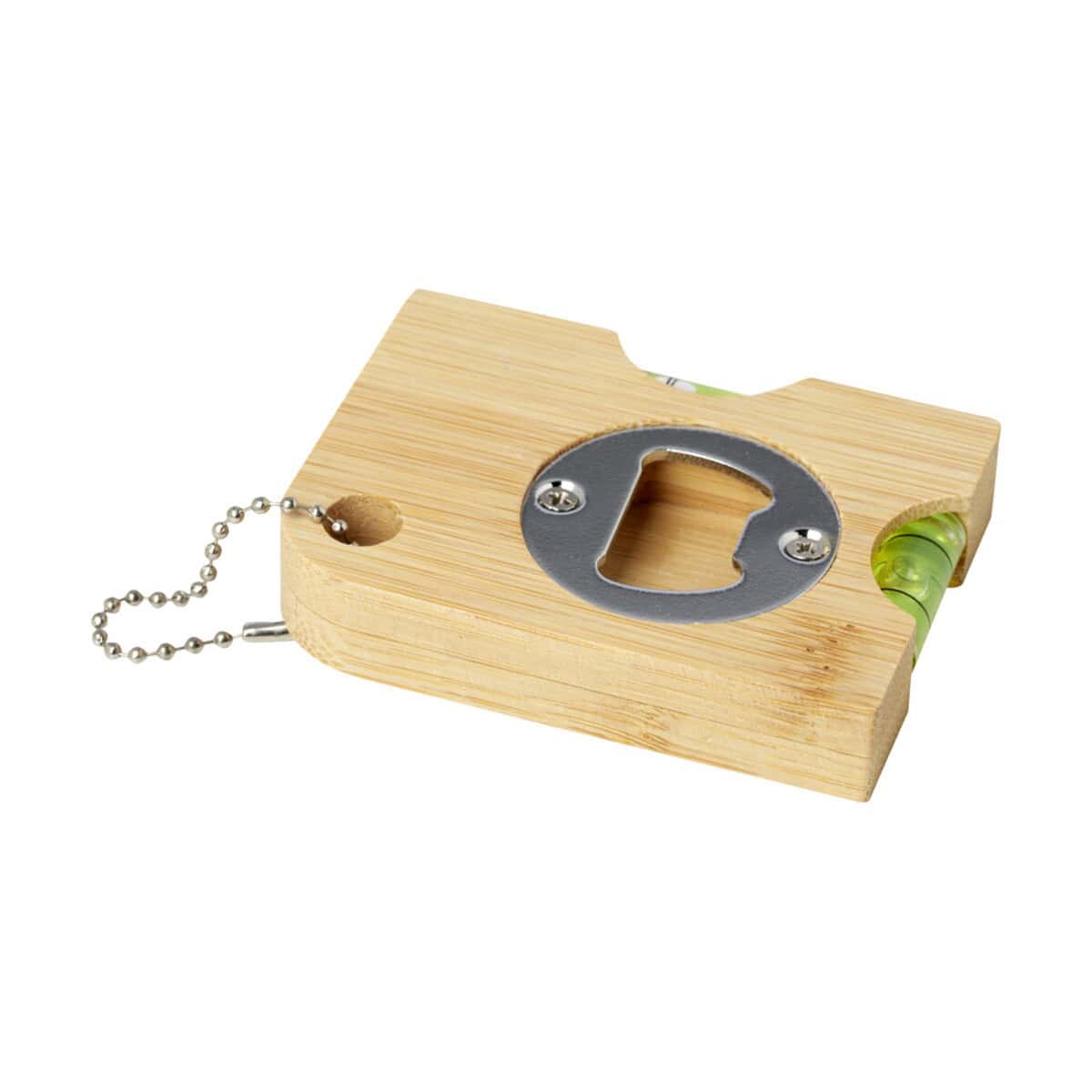 Narzędzia wielofunkcyjne z logo – levo bambusowy otwieracz do butelek z poziomicą 11338006_e1 śruba do otwierania butelek na ukryty klucz, drewniany daszek boczny, prezent, gadżet na imprezę, zabawka, oryginalny zestaw gadżetów promocyjnych.