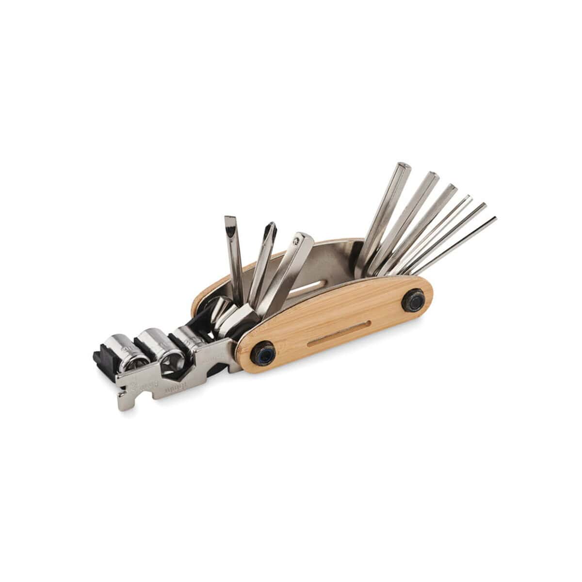 Narzędzia wielofunkcyjne z logo – narzędzie wielof. w bambusie mano mo2139-40 Nożyk do rowerów wielofunkcyjny, zestaw narzędzi, akcesoria rowerowe, prezent, gadżet, drewniana obudowa.