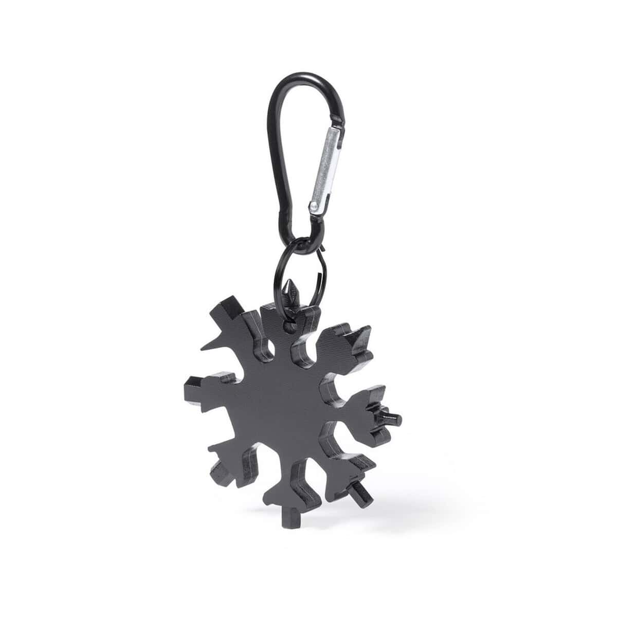 Narzędzia wielofunkcyjne z logo – narzędzie wielofunkcyjne, 17 funkcji, karabińczyk V1028-03_AAA01 Kluczyk do odblokowywania drzwi, brelok, gadżet zimowy, prezent, snowflake design, czarny, personalizowane gadżety.
