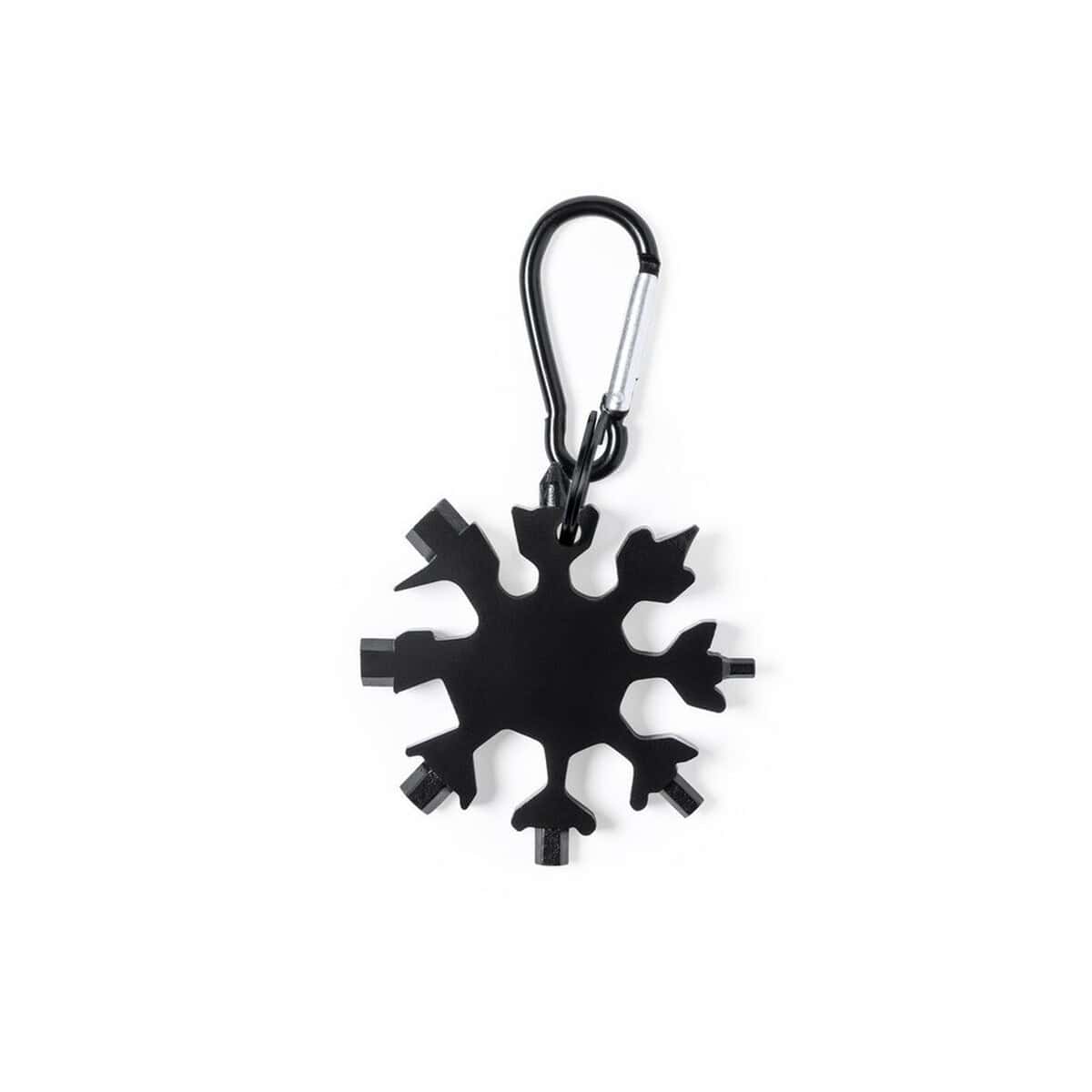 Narzędzia wielofunkcyjne z logo – narzędzie wielofunkcyjne, 17 funkcji, karabińczyk V1028-03_IBK01 Nierdzewny brelok do kluczy z motywem śnieżynki i karabinkiem, idealny na prezent lub gadżet zimowy.