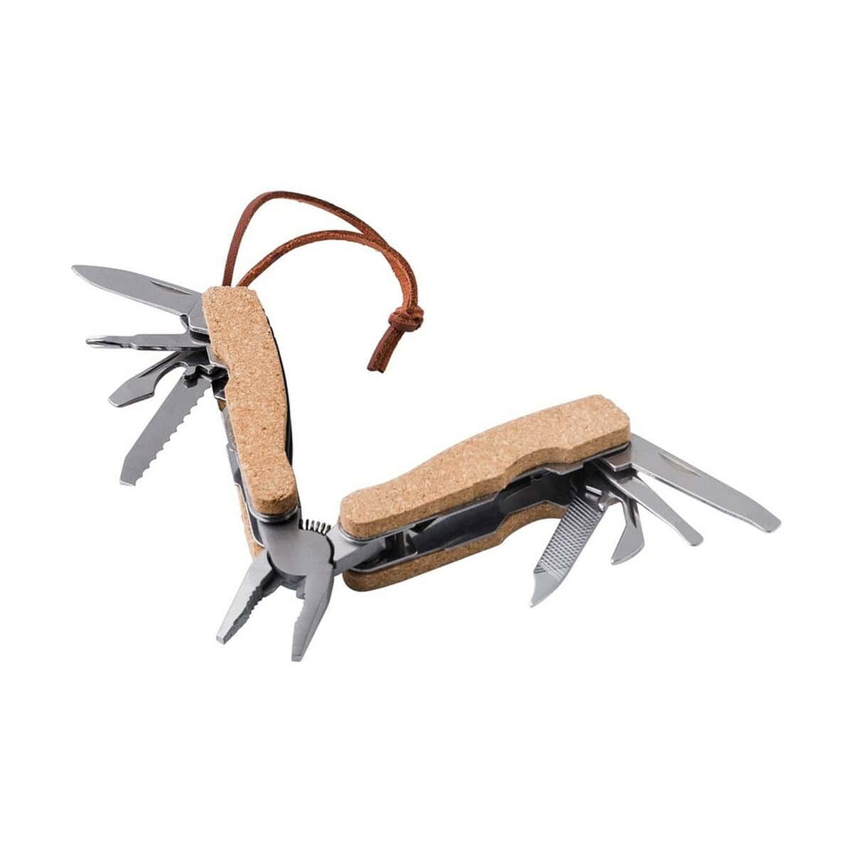 Narzędzia wielofunkcyjne z logo – narzędzie wielofunkcyjne, 9 funkcji V1510-16_AAA03 Metalowy multitool w tygrysim kształcie z korkowymi elementami.