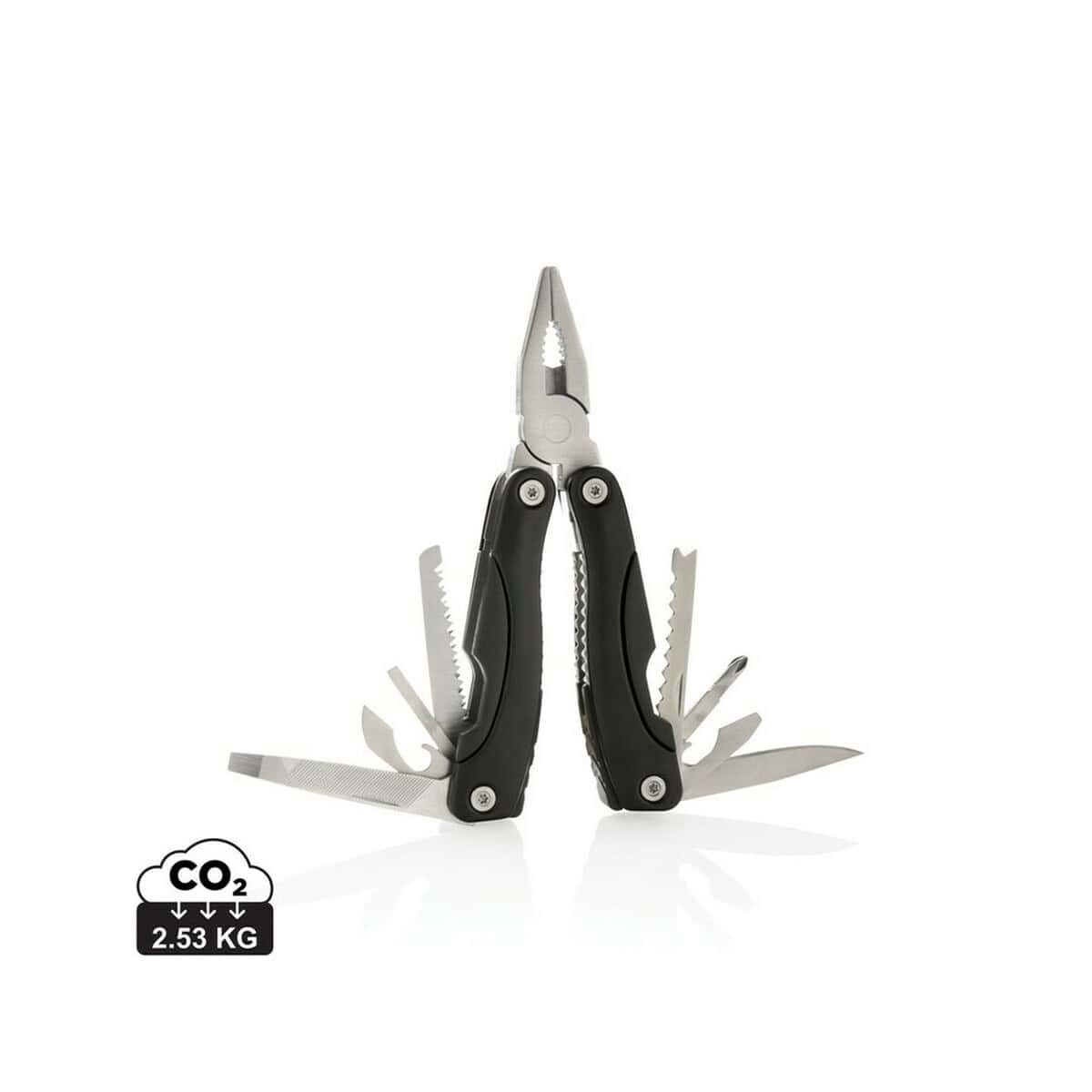 Multitool nożny wielofunkcyjny z nożem, kombinerkami i piłką, składany, praktyczny gadżet outdoor.