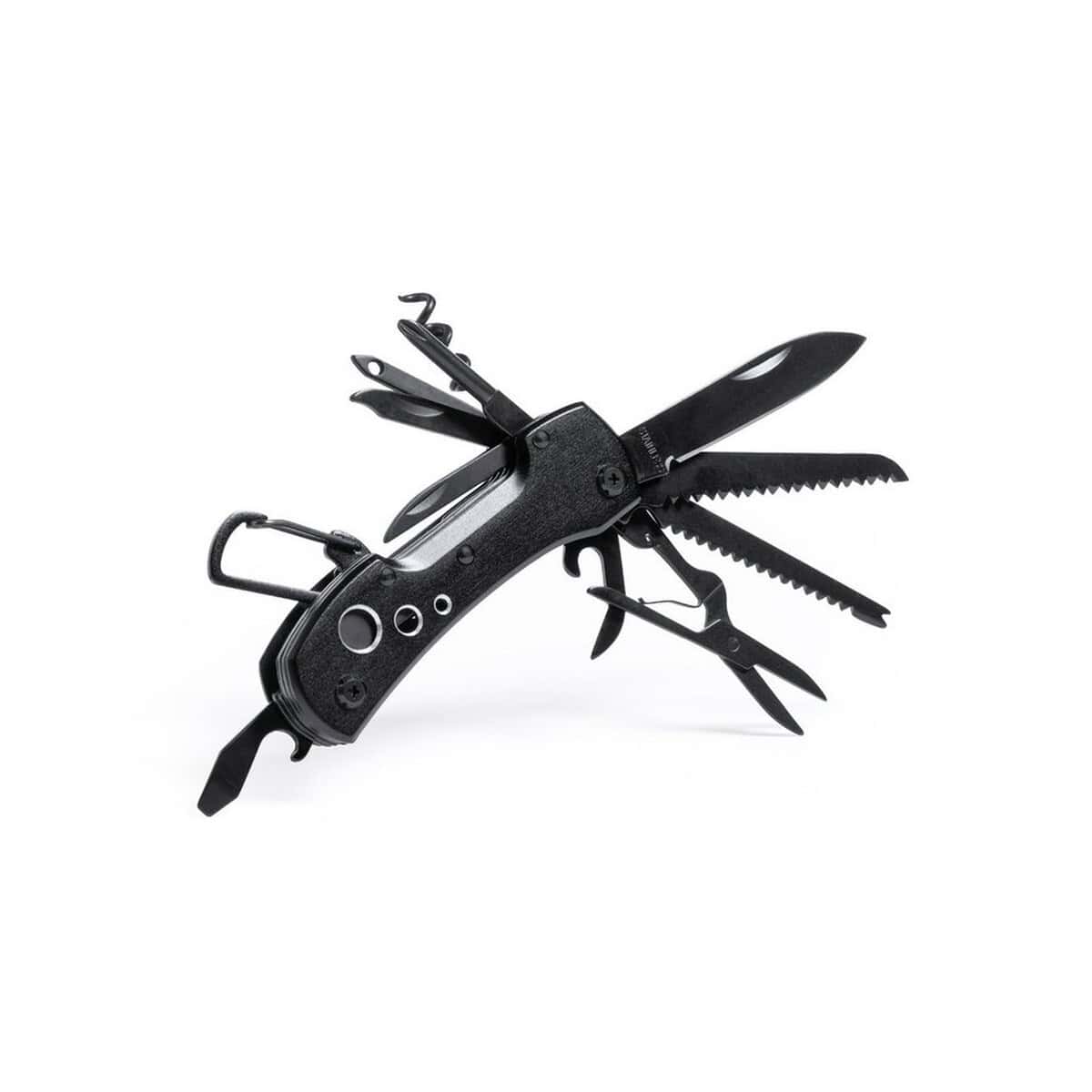Narzędzia wielofunkcyjne z logo – narzędzie wielofunkcyjne, scyzoryk, 13 funkcji, karabińczyk V1027-03_AAA02 Multifunkcyjny scyzoryk z narzędziami, takie jak nożyk, pilnik, korkociąg i otwieracz do butelek.