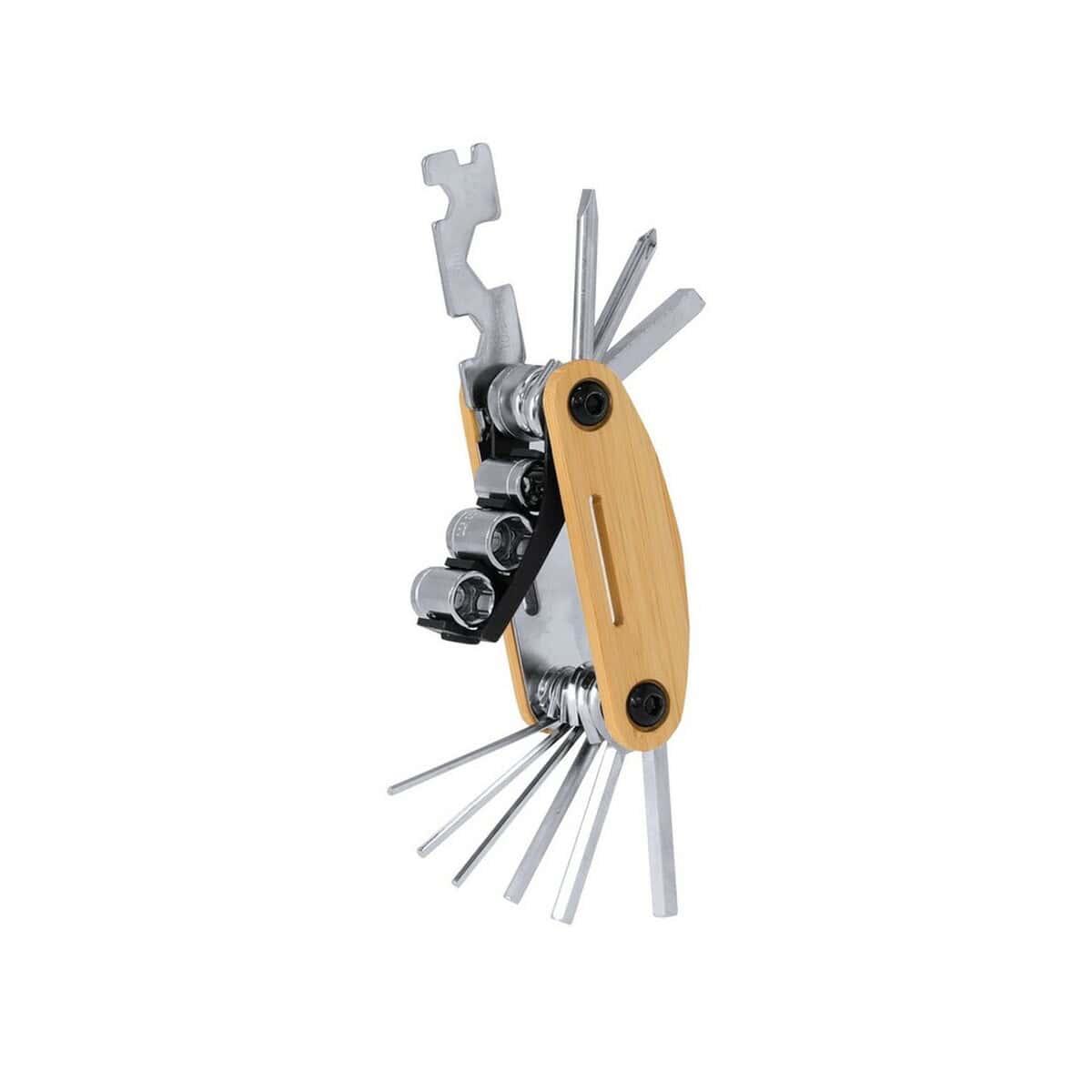 Narzędzia wielofunkcyjne z logo – narzędzie wielofunkcyjne, zestaw narzędzi rowerowych, 15 funkcji VA339-20_AAA01 Klucz wielofunkcyjny z drewnianym uchwytem i narzędziami do naprawy i majsterkowania.