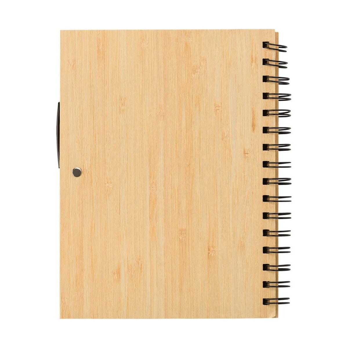 Notatniki z logo – bambusowy notatnik a5 z długopisem V0200-17_IBK01 1. Notatnik z drewnianą okładką i spiralą, personalizowany gadżet biurowy.