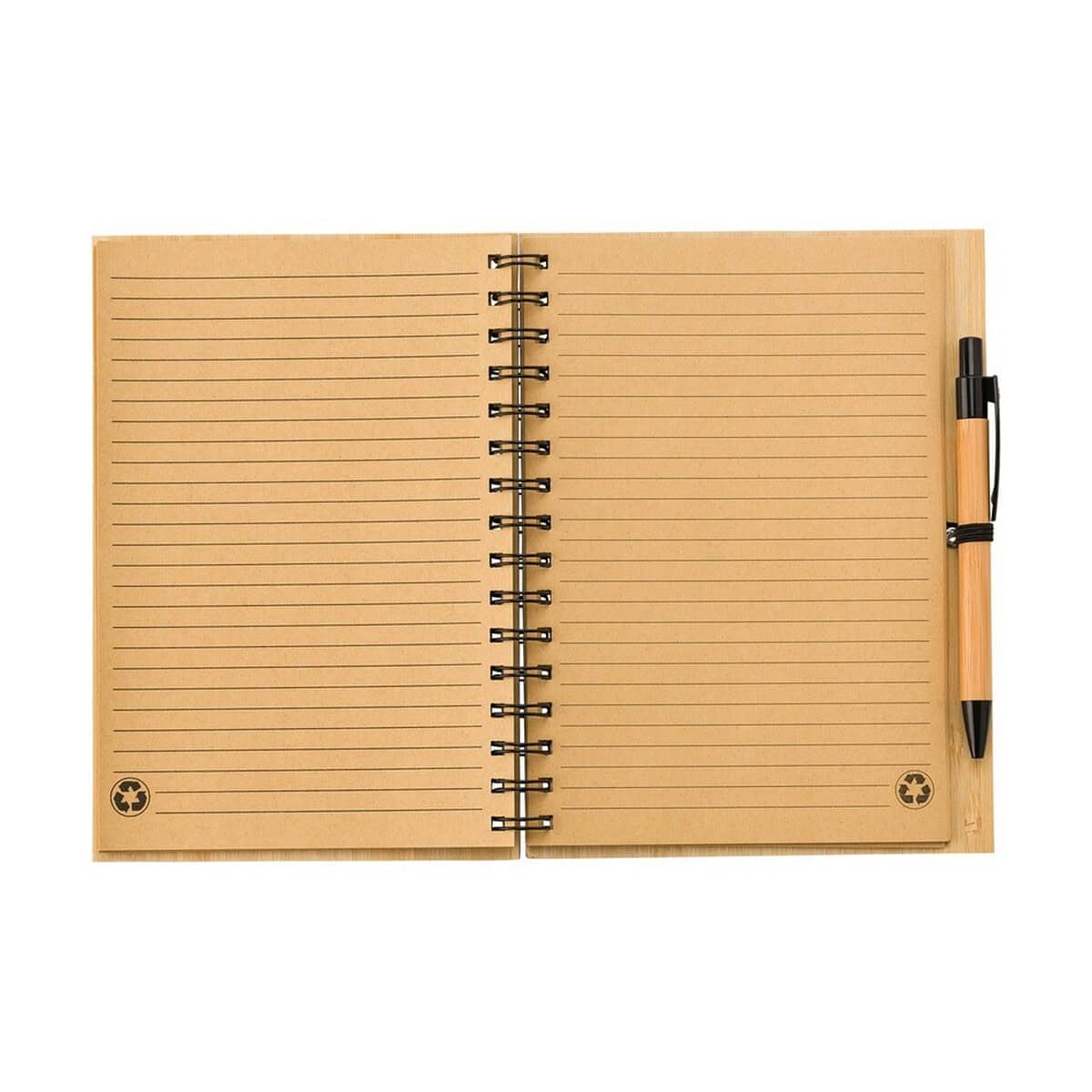 Notatniki z logo – bambusowy notatnik a5 z długopisem V0200-17_INS02 1. notesnik ekologiczny z linijkami i długopisem, biurowe gadżety promocyjne.