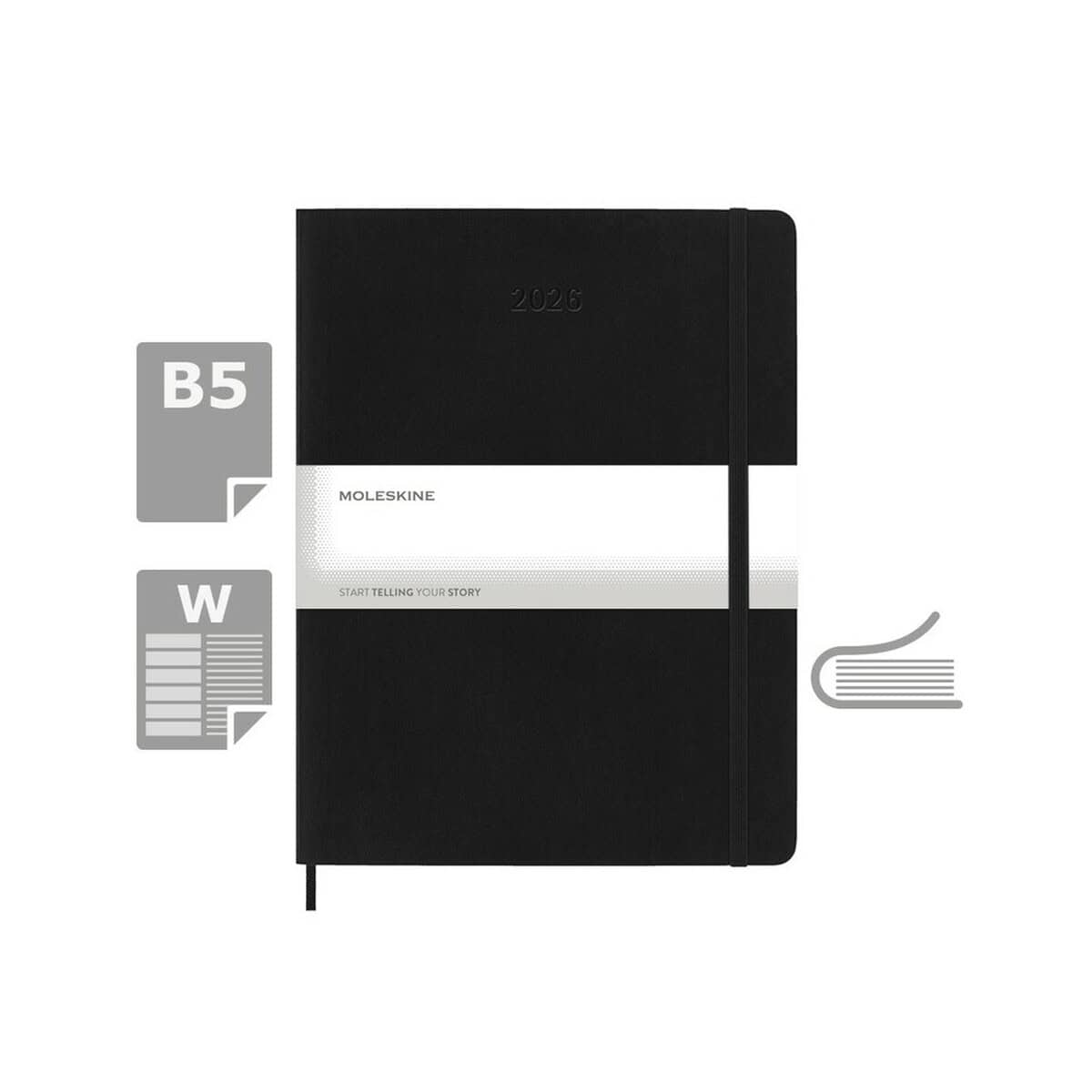 Elegancki czarny planner 2026 w formacie B5 z gumką i elastycznym zamknięciem, idealny do organizacji i notowania.