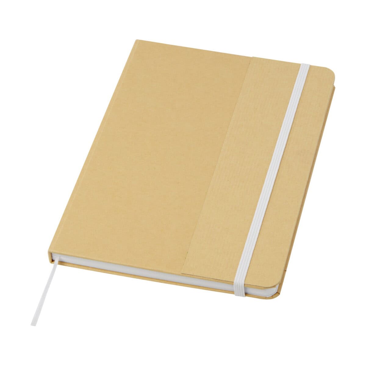 Notebook z beżową okładką i gumką na gumkę, idealny na prezenty i gadżety personalizowane.