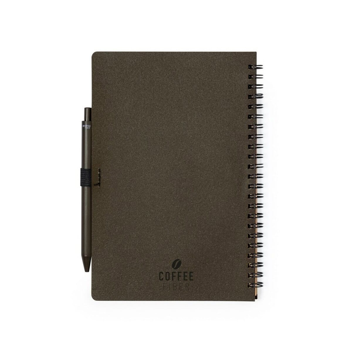 Notatniki z logo – notatnik a5 z łusek kawowych z długopisem V1307-16_IBK01 Notesz czarny z logo Coffee Fiber i długopisem na gumce, personalizowane gadżety reklamowe.