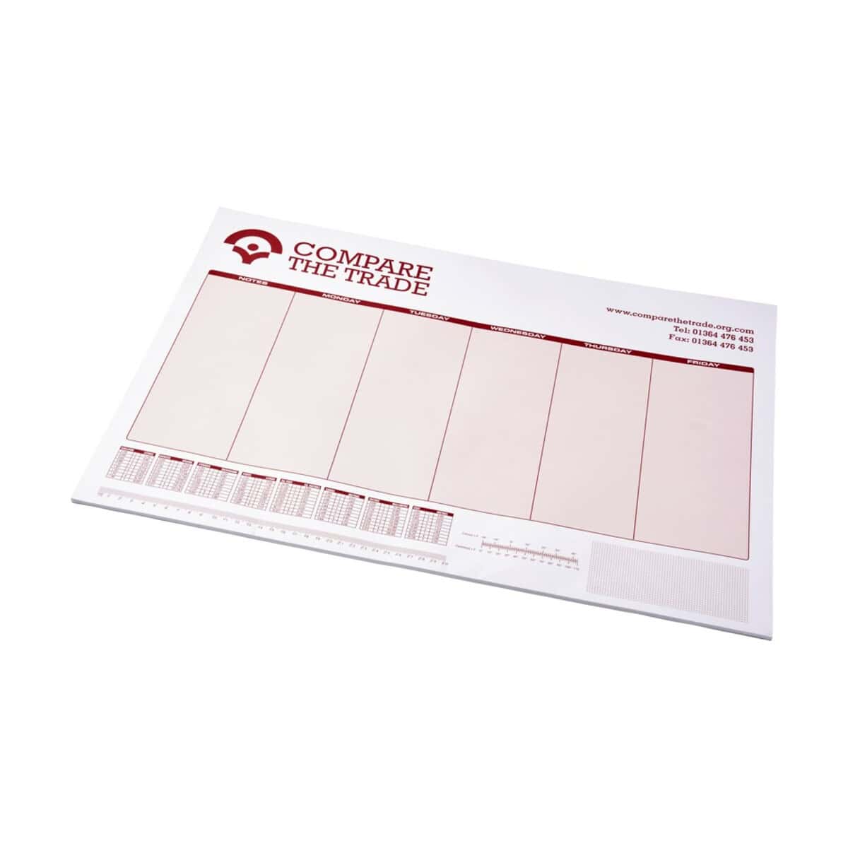 Plik do planowania tygodniowego z logo i ofertami gadżetów.