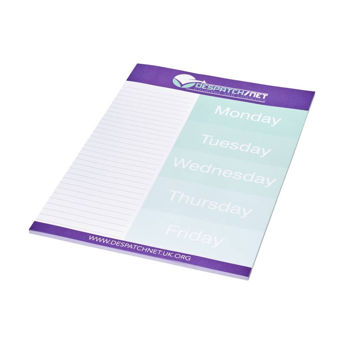 O Squema plan for tydzień z nazwami dni po angielsku, z logo i kolorem fioletowym.