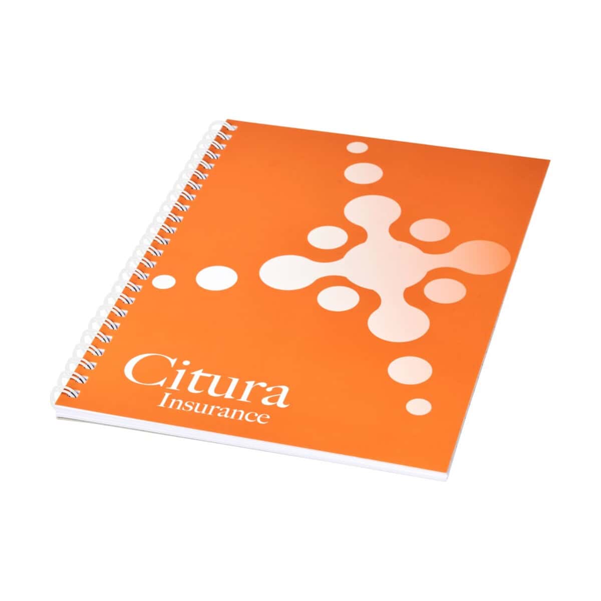 Notebook reklamowy z logo Citura Insurance, pomarańczowa okładka, torba na notatki, gadżet firmowy.