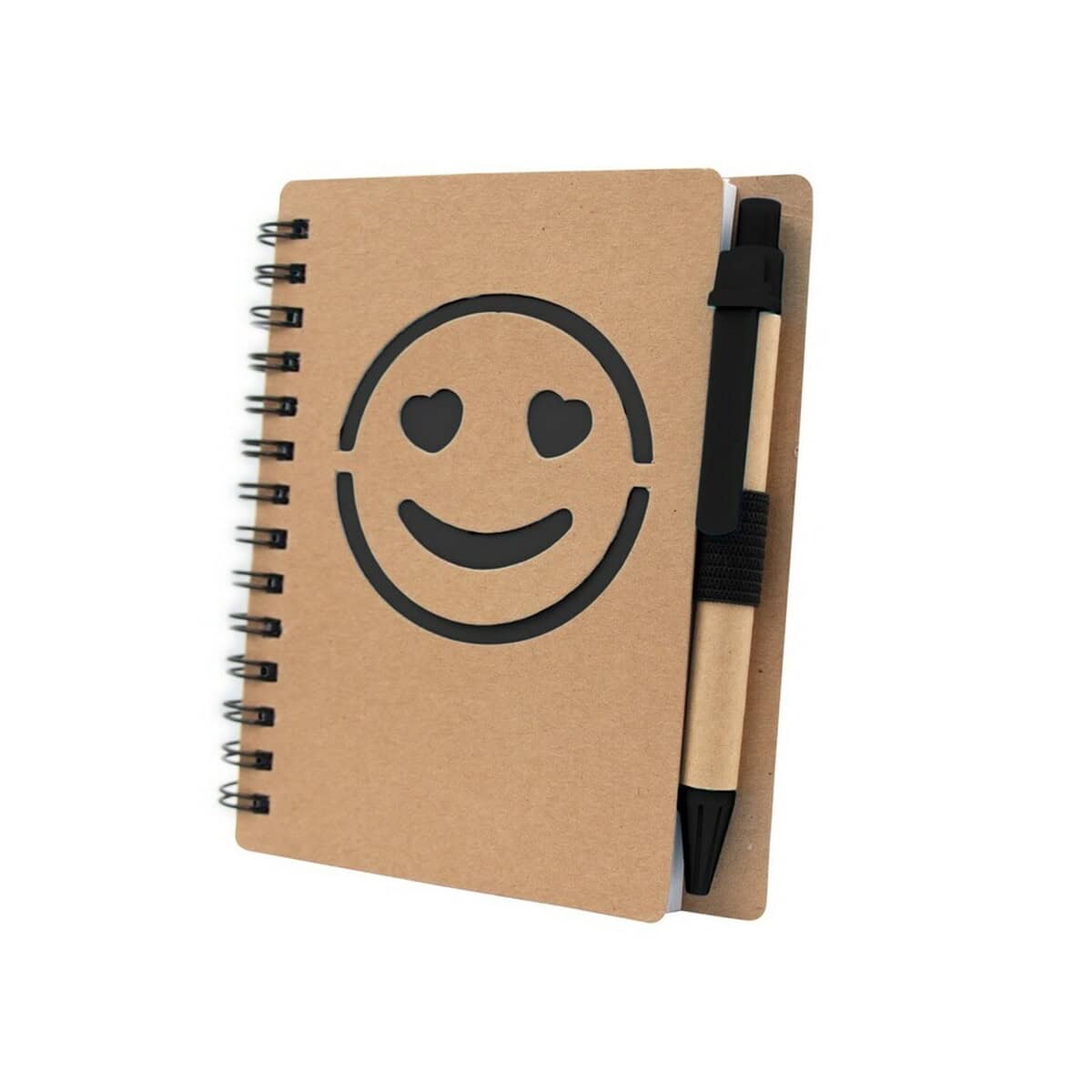 Notatniki z logo – notatnik ok. b7 „uśmiechnięta buzia” z długopisem | dylan V7247-03_AAA01 1. Notatnik z uśmiechniętym emotikonem i długopisem, ekologiczne gadżety biurowe.