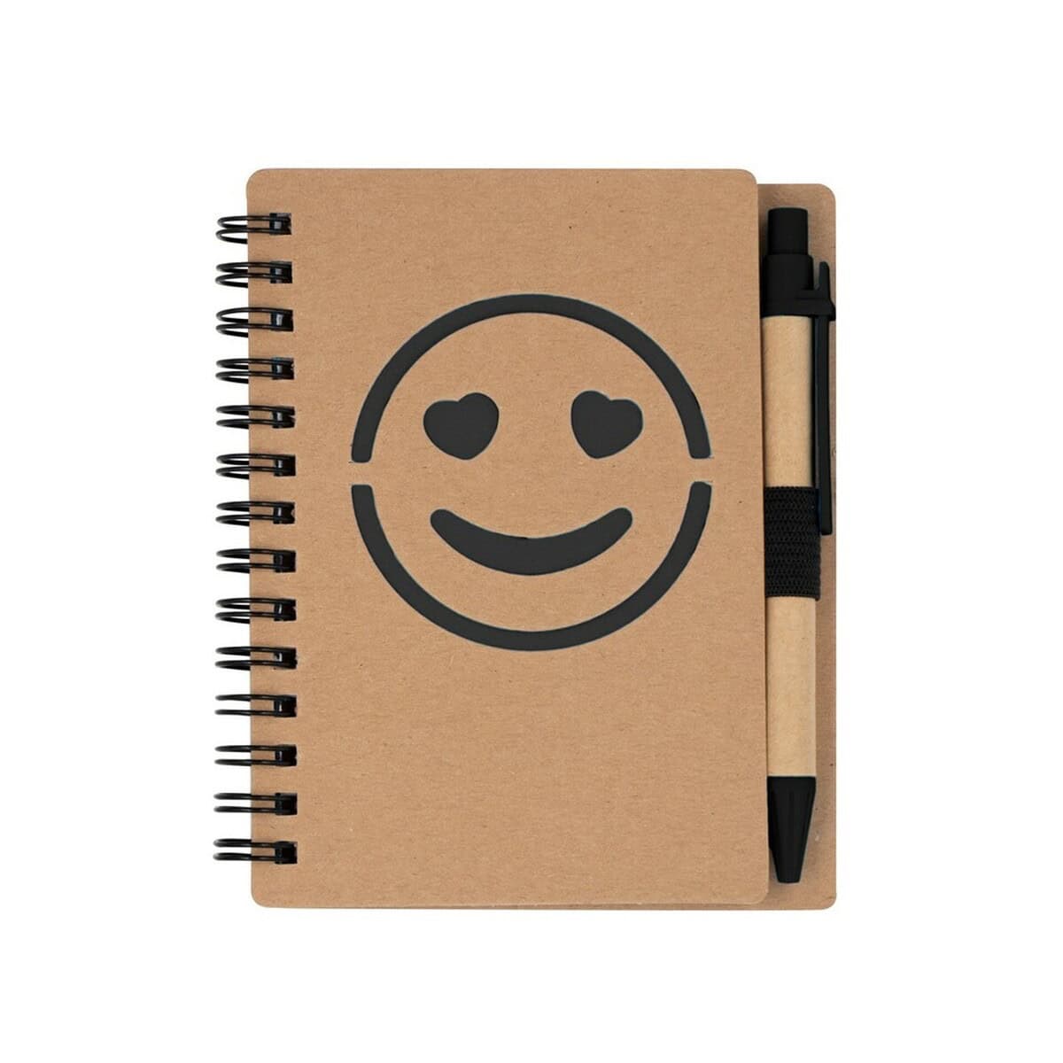 Notatniki z logo – notatnik ok. b7 „uśmiechnięta buzia” z długopisem | dylan V7247-03_AAA04 1. Notesnik z emotikonem smiley i serduszkowymi oczami, ekologiczny, kraftowy design.