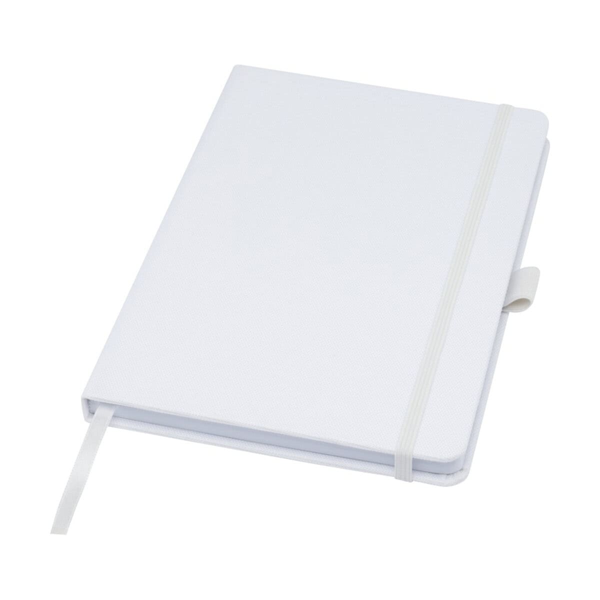 Notatnik w kolorze białym z gumką i zakładką - idealny gadżet reklamowy.