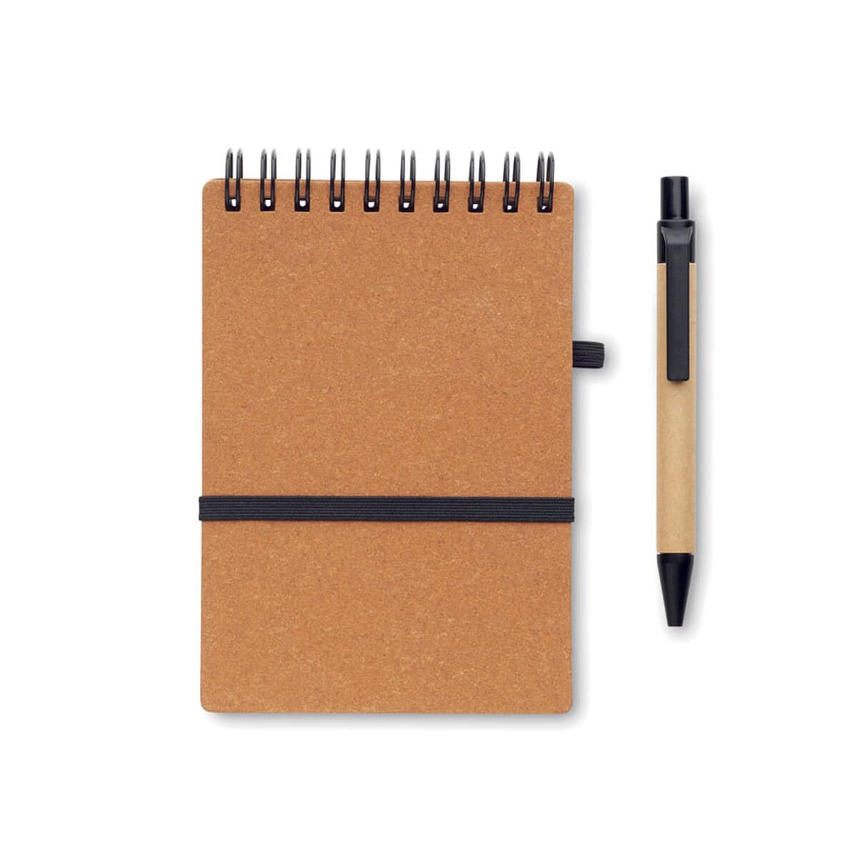 Notatniki z logo – notatnik z recyklingu z długopi notie mo2481-01-open Notesz notebook z brązową okładką i czarnym gumowym paskiem, idealny na gadżety reklamowe.