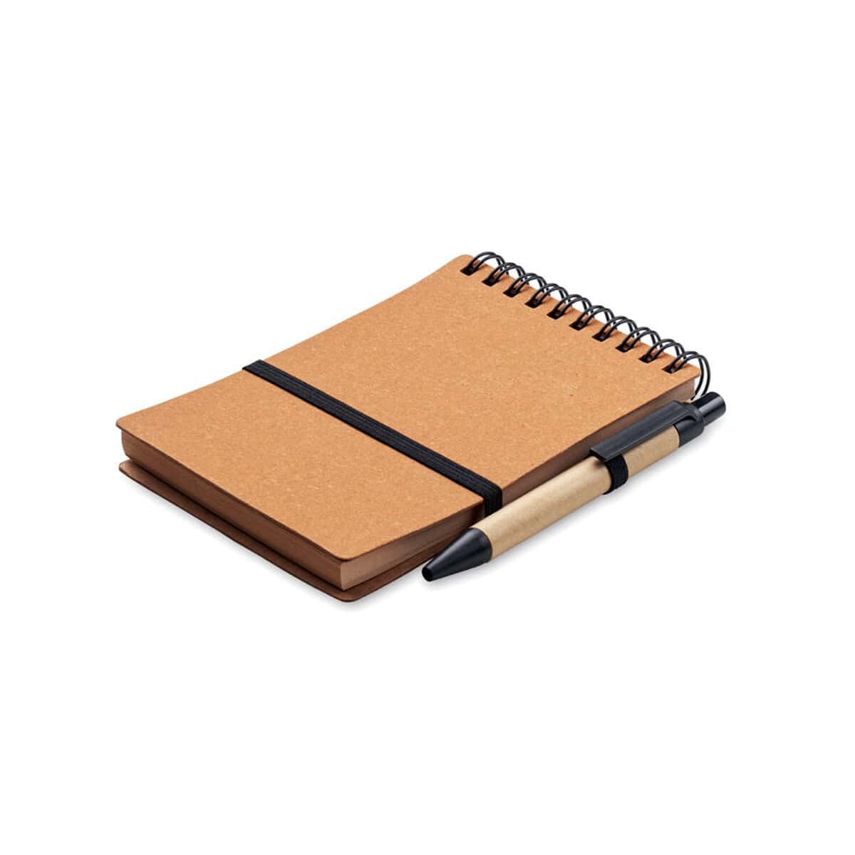 Notatniki z logo – notatnik z recyklingu z długopi notie mo2481-01 Notesnik z brązową okładką i długopisem, idealny gadżet reklamowy i personalizowany.